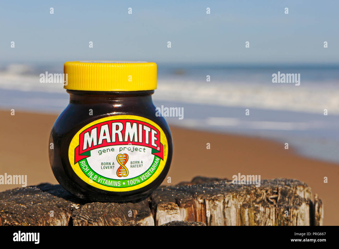 A jar of Marmite outdoors on a wooden post by the sea on a North Norfolk beach. Stock Photo