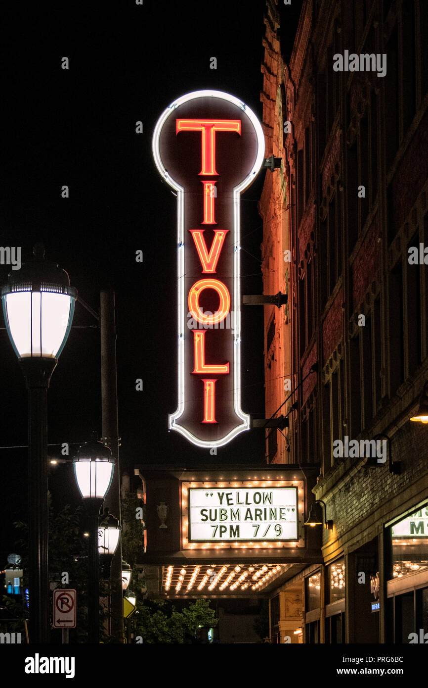 Neon sign on the historic Tivoli Theatre on Delmar Boulevard, Delmar