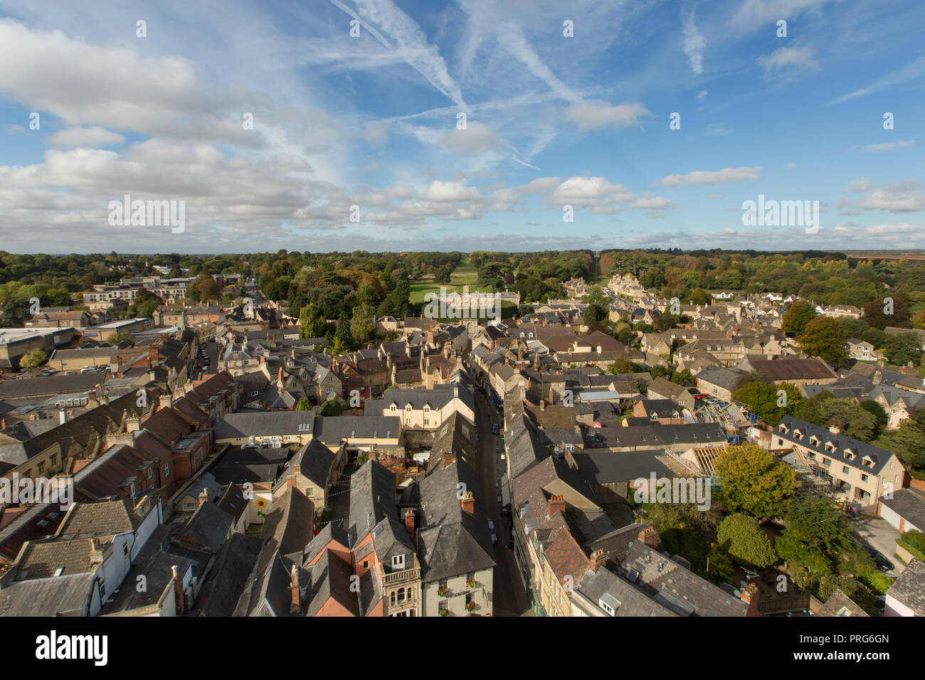 Cirencester town centre on market day aerial photo. Cirencester is in Gloucestershire and in the Heart of the Cotswolds. Stock Photo