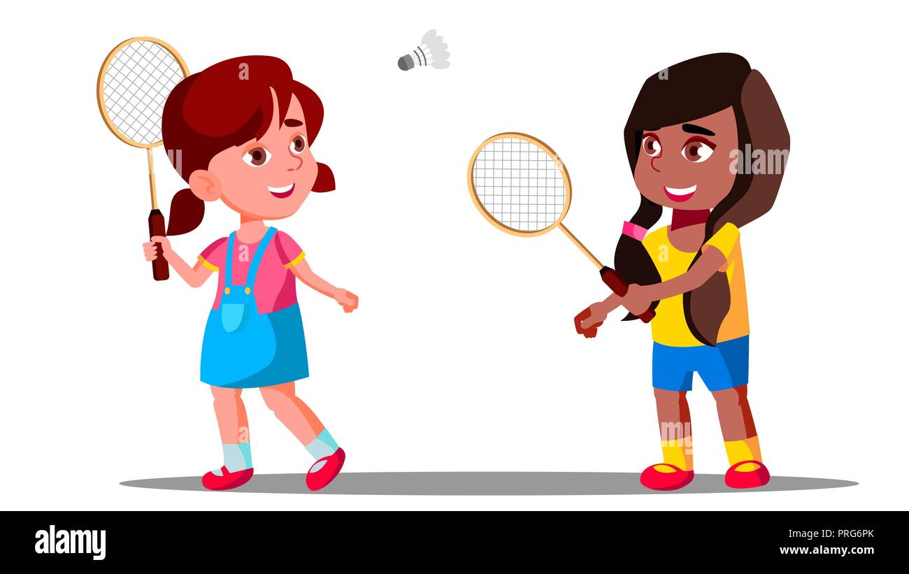 Children Playing Badminton On The Playground In Summer Vector. Girls. Isolated Illustration Stock Vector
