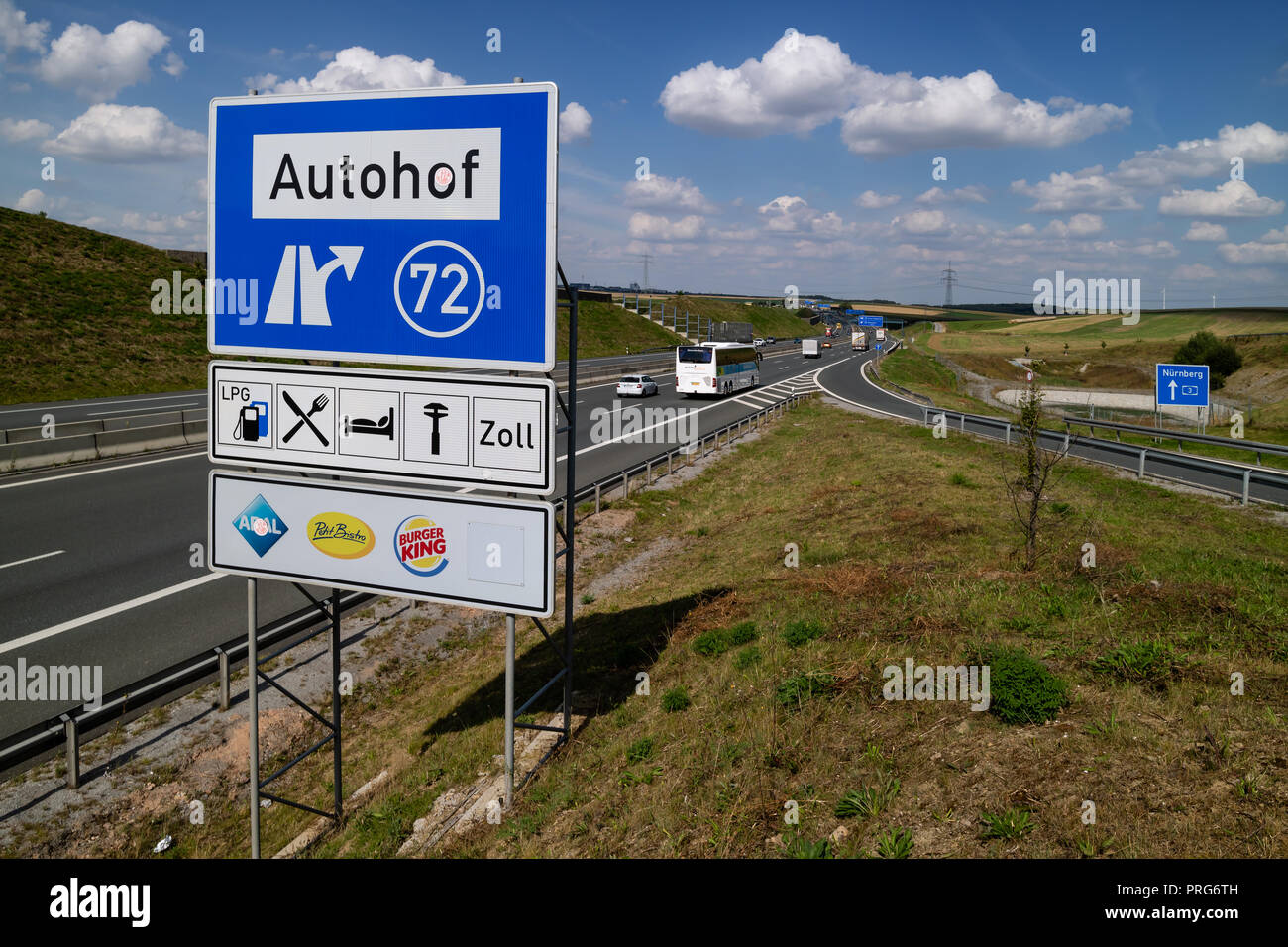 Blue destination sign 'Autohof' (service area) on German autobahn Stock Photo