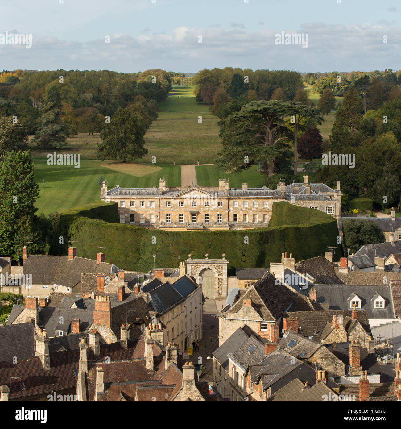 Cirencester town centre and Cirencester Park aerial photo, taken from the top of the parish church, typical English town Stock Photo