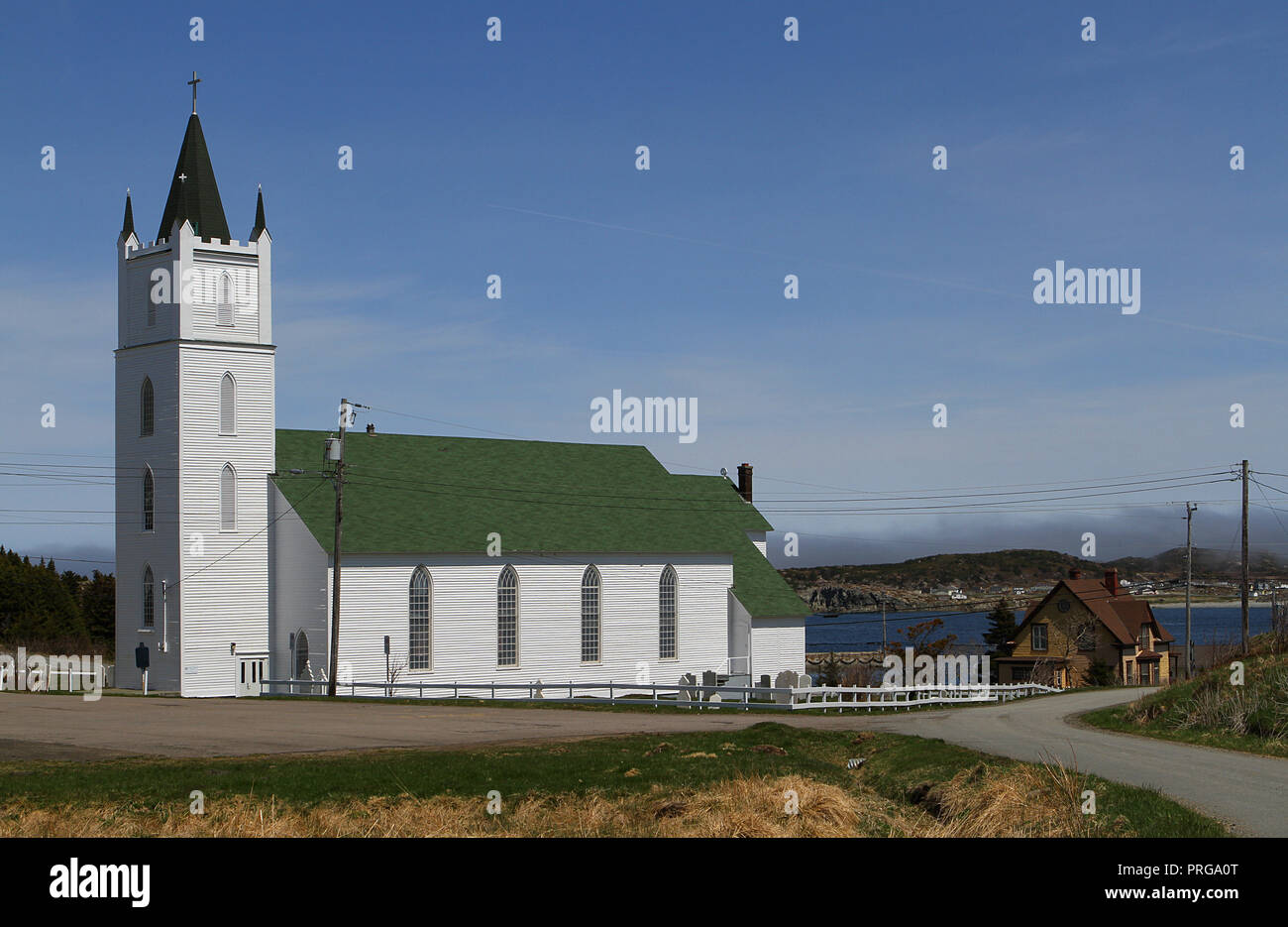 Town of Trinity. Trinity is a small town located on Trinity Bay in Newfoundland and Labrador, Canada.   One of the churches. Stock Photo
