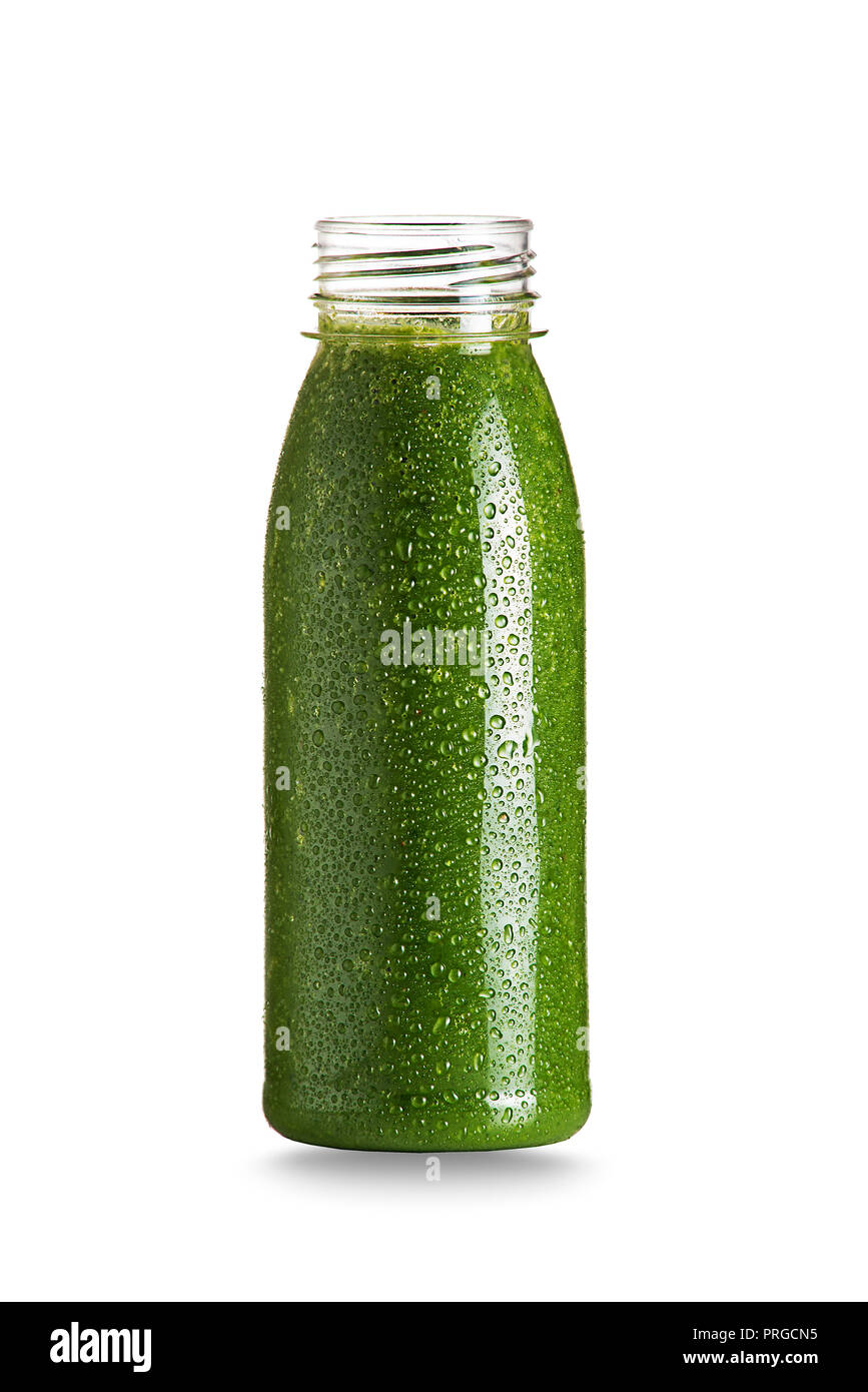 Bottle with green health smoothie isolated on white. Raw, vegan, vegetarian, alkaline food concept. Stock Photo