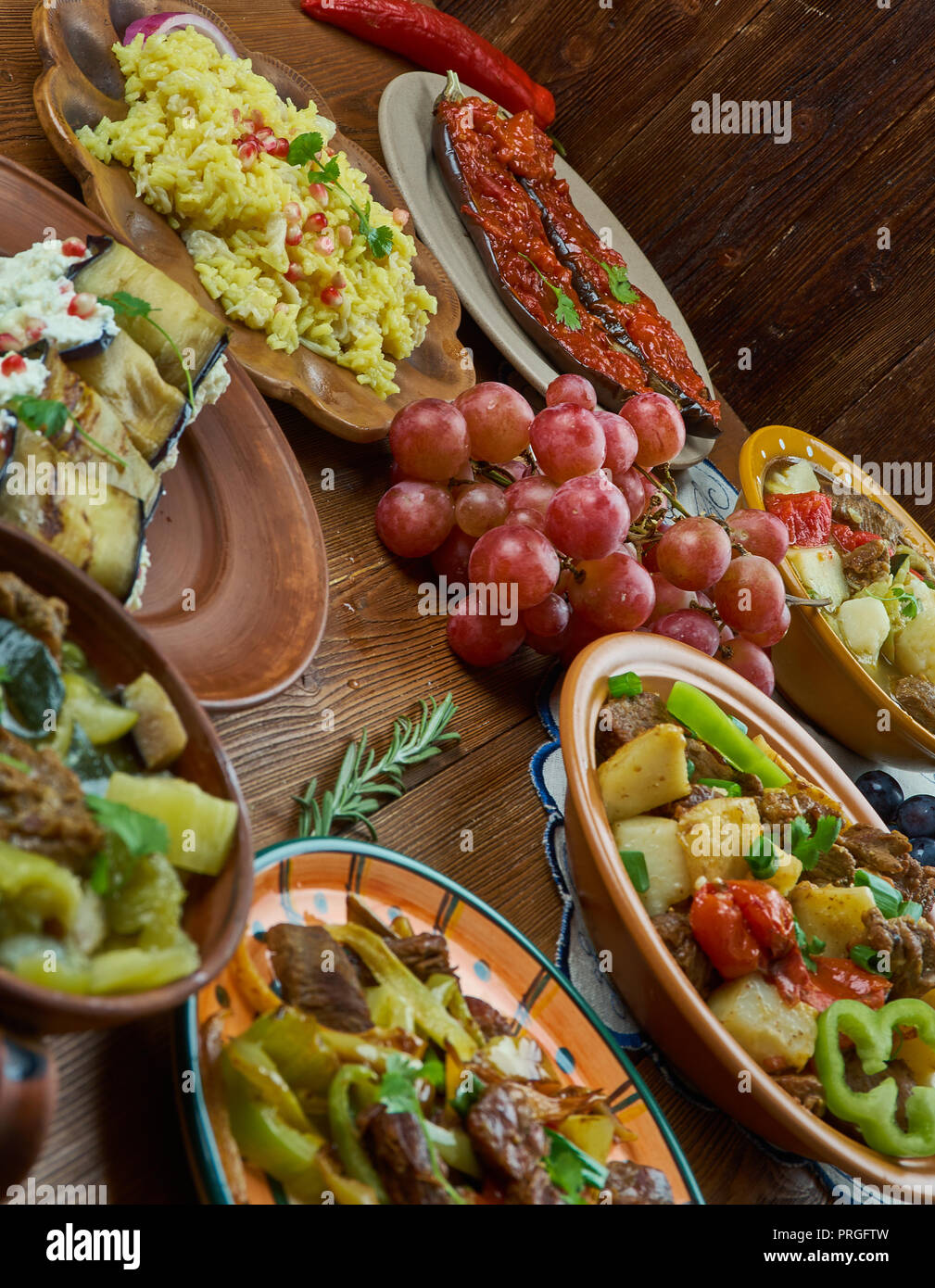 Armenian cuisine, Traditional assorted dishes, Top view. Stock Photo