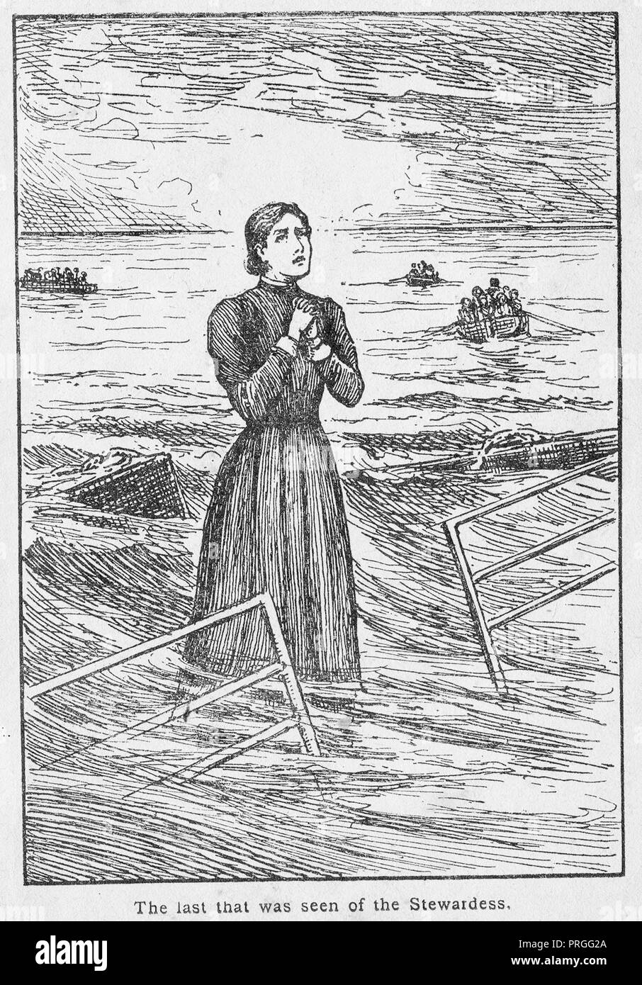1899 illustration of the wreck of the 'Stella' on Casquets Rocks, Channel Islands - Widow,  Mrs Mary Ann Rogers, Stewardess & rescue heroine who went down with the twin screw steamer  - The ship was named the Titanic of the Chanel Islands - Anglican Liverpool Cathedral chose  Mary as twenty one of the  “noble women” for depicted in stained glass windows. She is depicted in her window alongside Grace Darling and Elizabeth Fry. Stock Photo