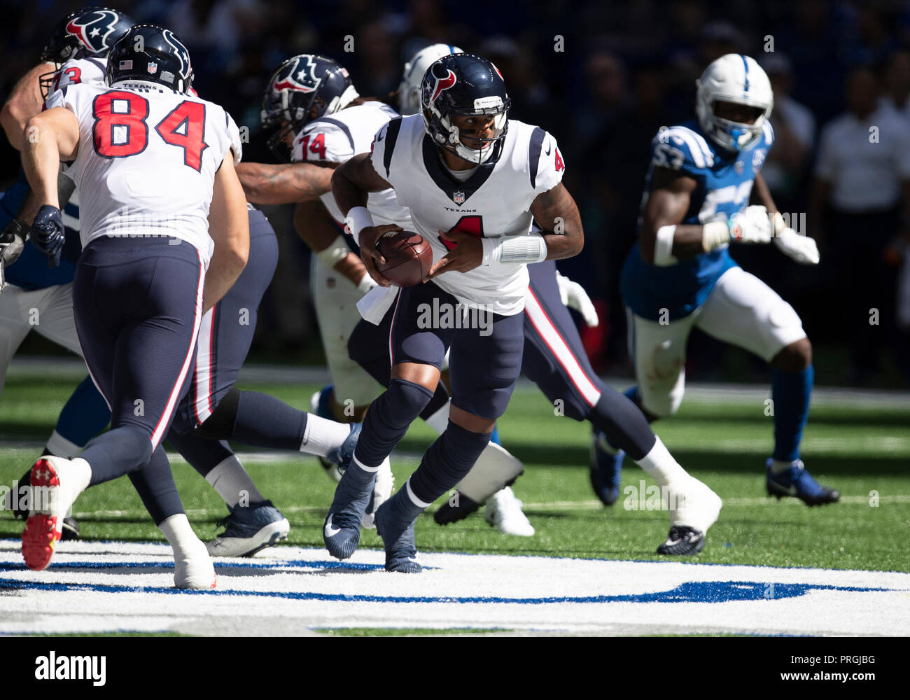 September 30, 2018: Houston Texans quarterback Deshaun Watson (4) pivots with the ball during NFL football game action between the Houston Texans and the Indianapolis Colts at Lucas Oil Stadium in Indianapolis, Indiana. Houston defeated Indianapolis 37-34 in overtime. John Mersits/CSM. Stock Photo