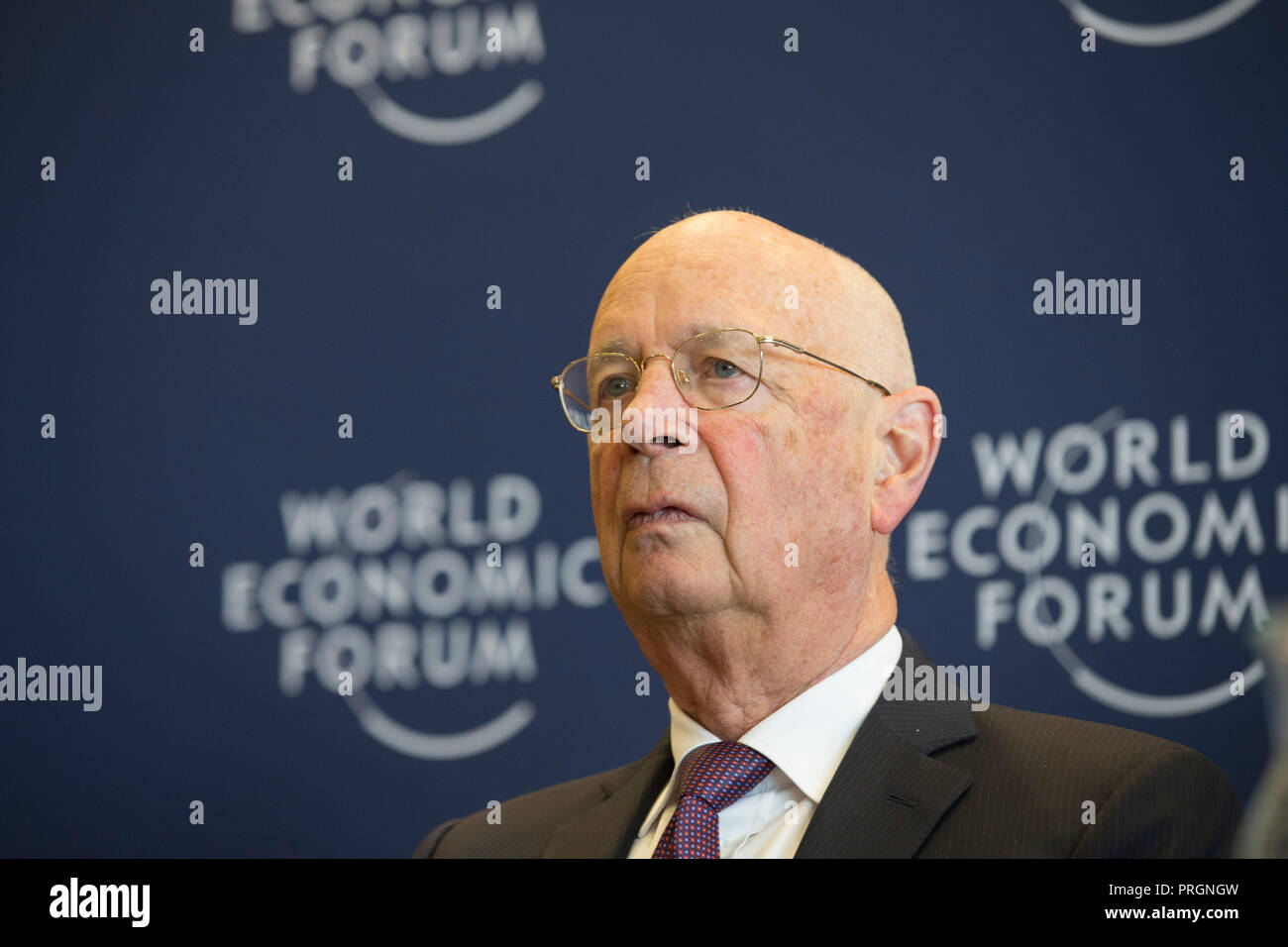 Geneva, Switzerland. 2nd Oct, 2018. Klaus Schwab, founder and executive chairman of the World Economic Forum (WEF), attends a press conference after Strategic Dialogue on the Western Balkans at the WEF headquarters in Cologny near Geneva, Switzerland, Oct. 2, 2018. Leaders from the Western Balkan countries and neighboring countries on Tuesday set out measures to continue dialogue and cooperation to ensure regional stability and boost economic growth and competitiveness. Credit: Xu Jinquan/Xinhua/Alamy Live News Stock Photo