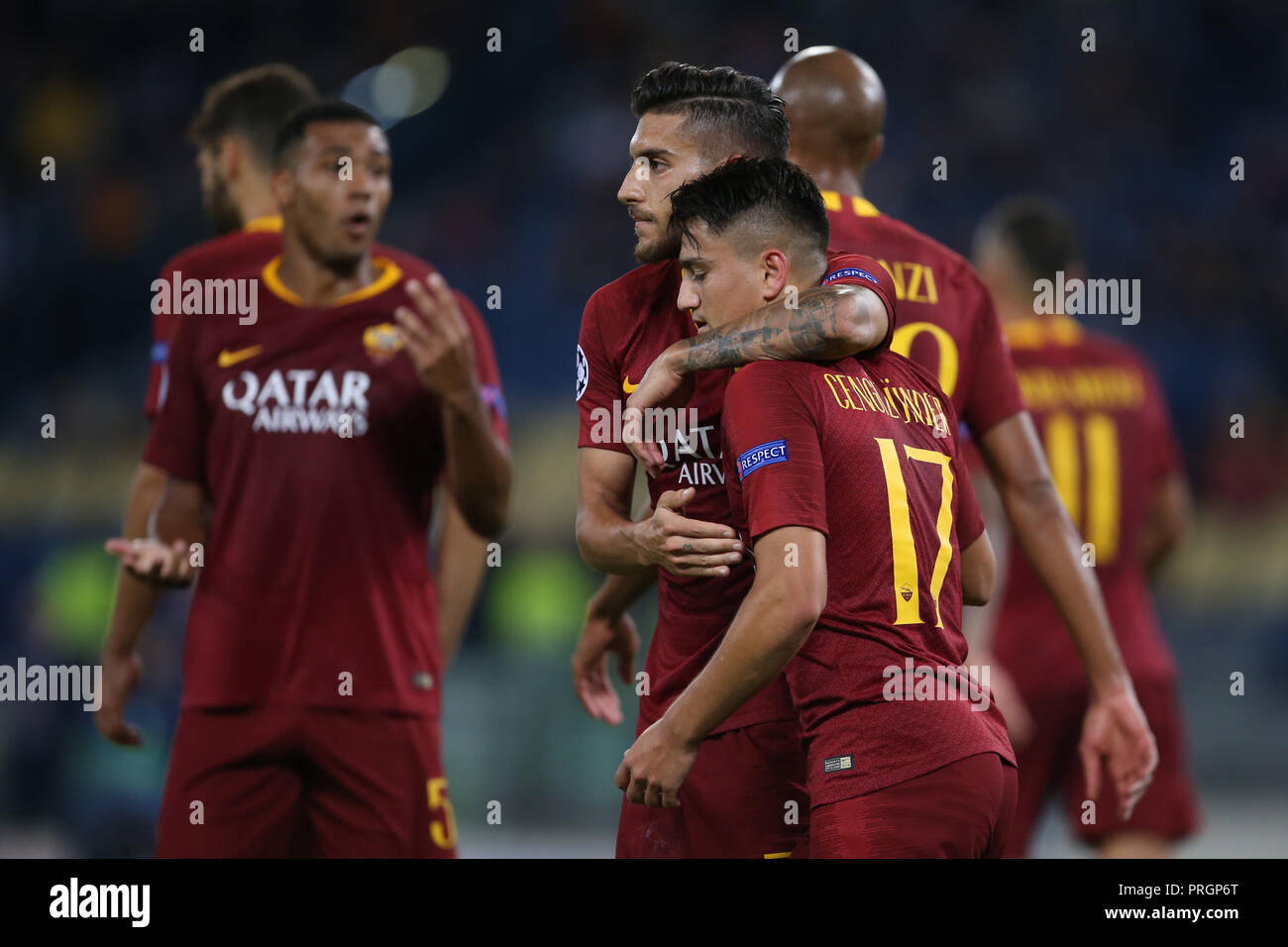 Stadio Olimpico, Rome, Italy. 2nd Oct, 2018. UEFA Champions League football, Juventus versus FC Viktoria Plzen; Cengiz Under of Roma celebrates after scoring his goal in the 64th minute for 3-0 Credit: Action Plus Sports/Alamy Live News Stock Photo