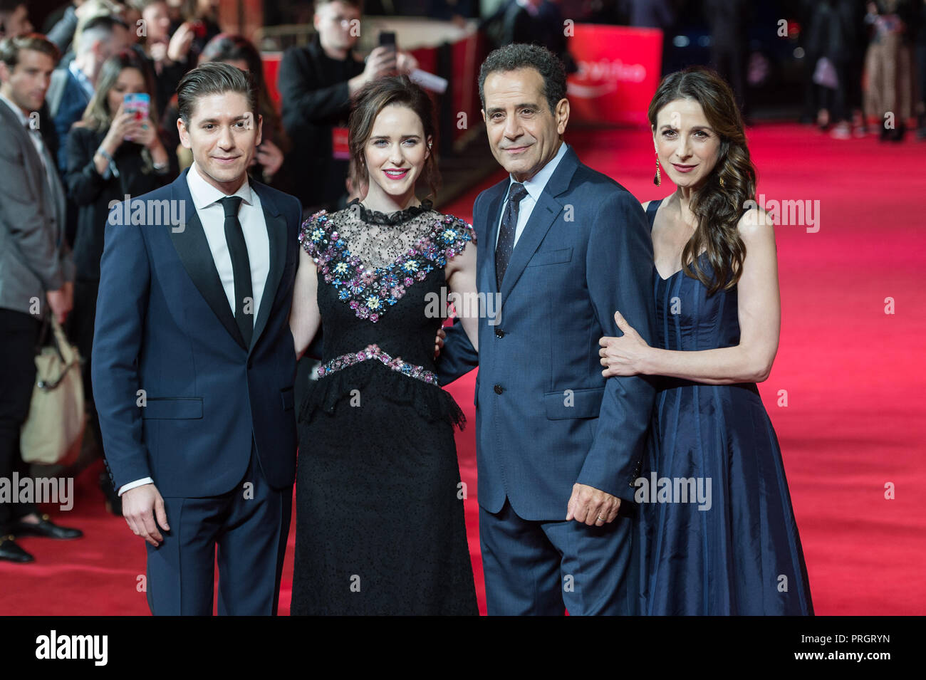 London, UK. 2nd October 2018. Cast of 'The Marvelous Mrs. Maisel' (L-R) Michael Zegen, Rachel Brosnahan, Tony Shalhoub and Marin Hinkle attend the World premiere of 'The Romanoffs' at Curzon Mayfair cinema in London. Credit: Wiktor Szymanowicz/Alamy Live News Stock Photo