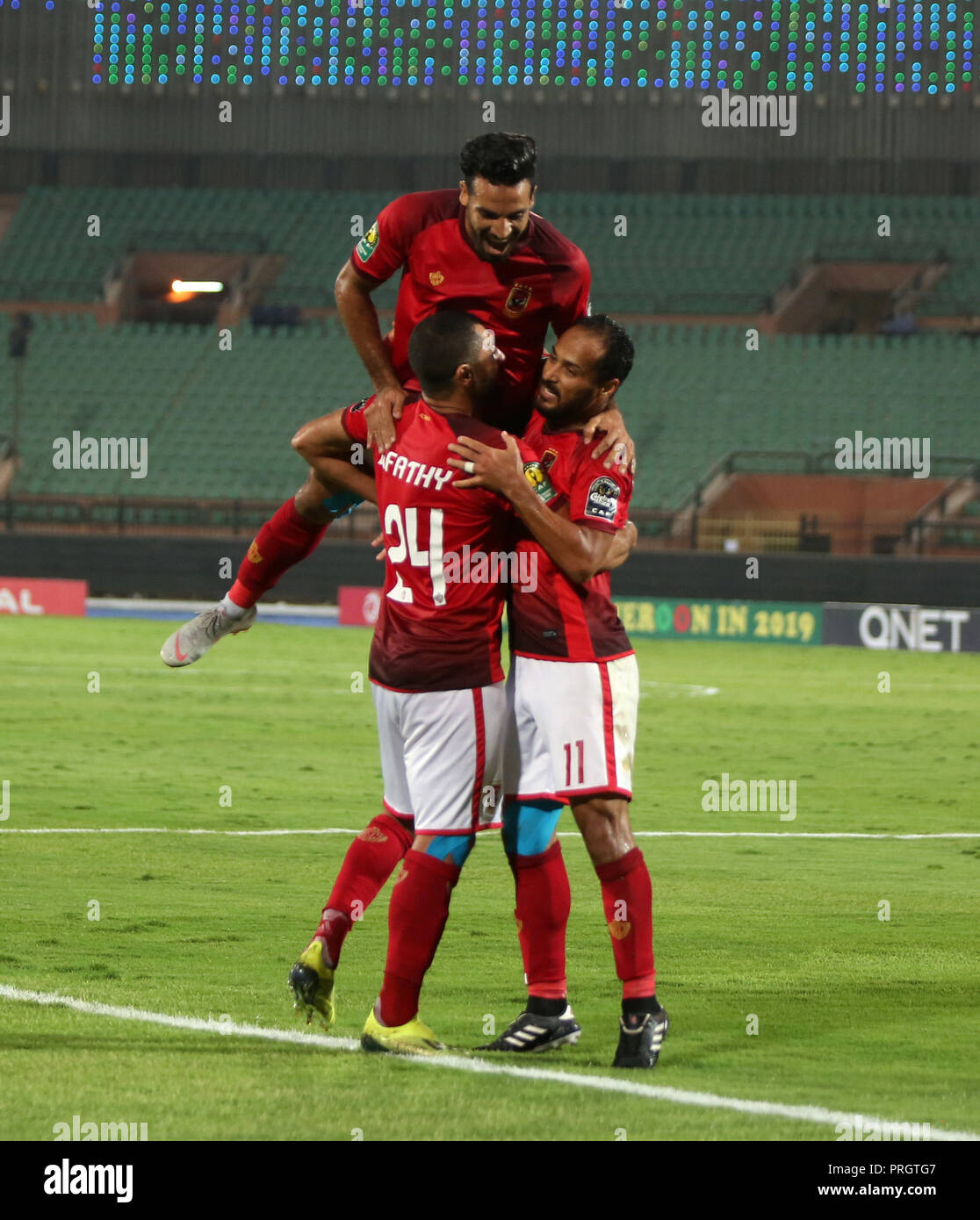 Cairo, Egypt. 2nd Oct, 2018. Players of Al Ahly celebrate during the first leg match between Egypt's Al Ahly and Algeria's ES Setif of African Champion's League semi-finals in Cairo, Egypt, on Oct. 2, 2018. Al Ahly won 2-0. Credit: Ahmed Gomaa/Xinhua/Alamy Live News Stock Photo
