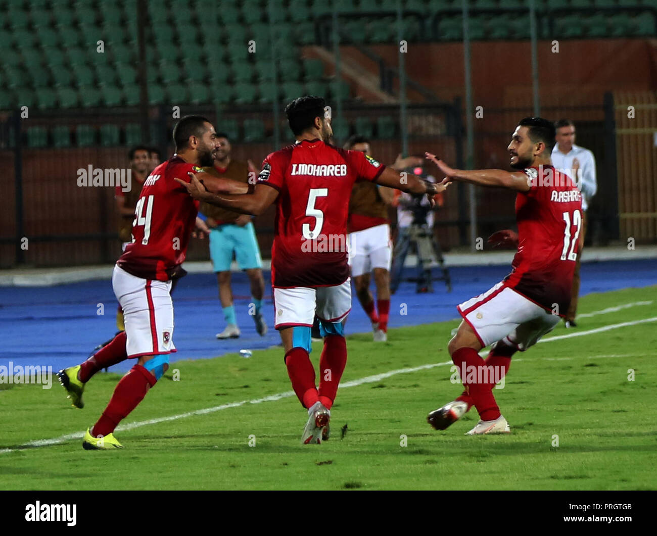 Cairo, Egypt. 2nd Oct, 2018. Players of Al Ahly celebrate during the first leg match between Egypt's Al Ahly and Algeria's ES Setif of African Champion's League semi-finals in Cairo, Egypt, on Oct. 2, 2018. Al Ahly won 2-0. Credit: Ahmed Gomaa/Xinhua/Alamy Live News Stock Photo