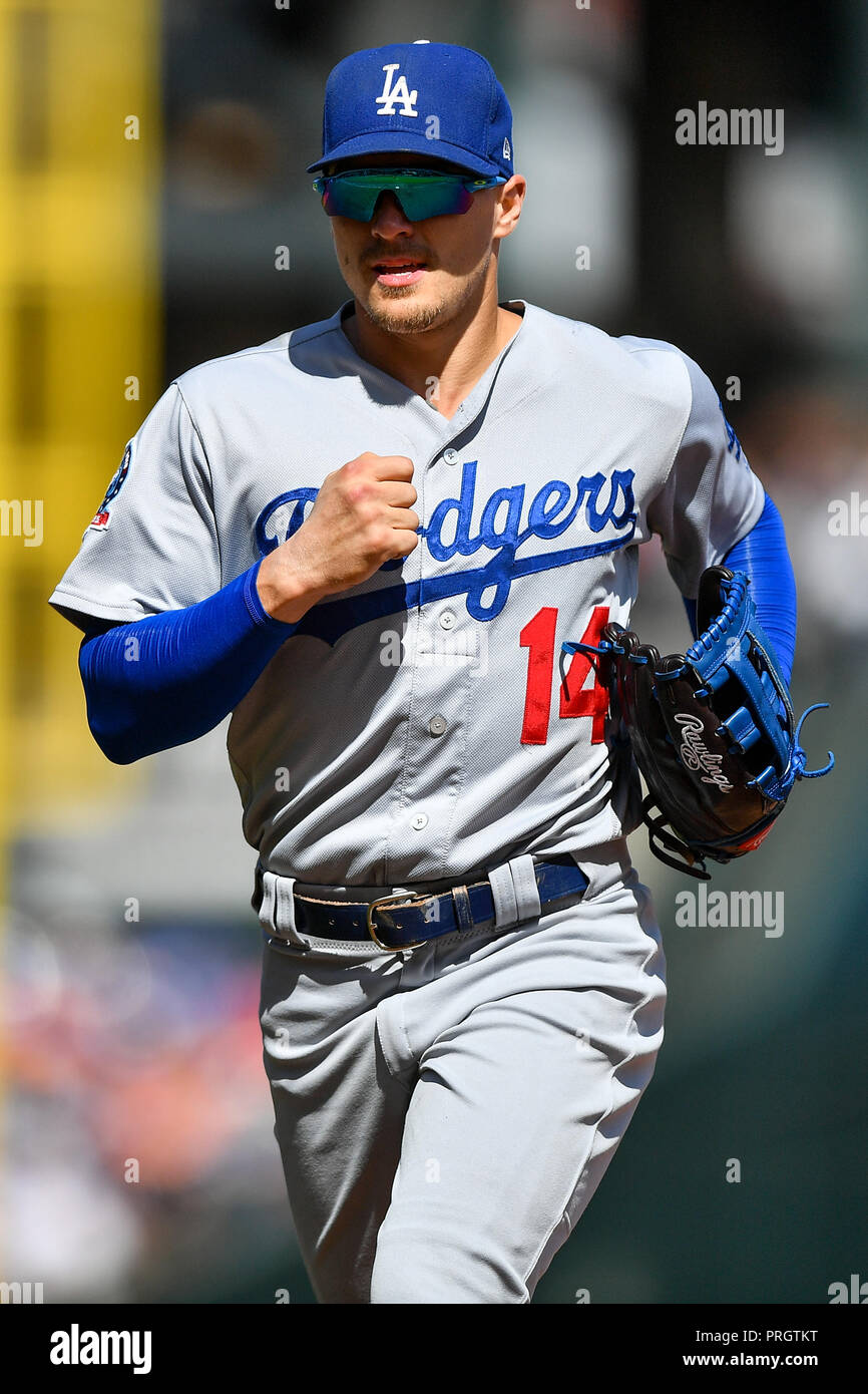 San Francisco California Usa 30th Sep 18 Los Angeles Dodgers Center Fielder Enrique Hernandez 14 Jogs Off The Field During The Mlb Game Between The Los Angeles Dodgers And The San Francisco