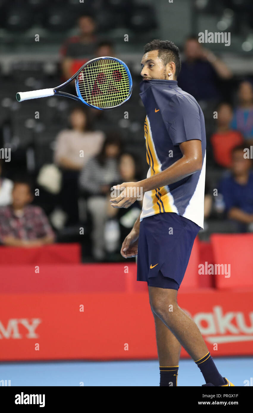 Tokyo, Japan. 1st Oct, 2018. Nick Kyrgios of Australia throws his racket  during the first round match of the Rakuten Japan Open tennis championships  against Yoshihito Nishioka of Japan in Tokyo on