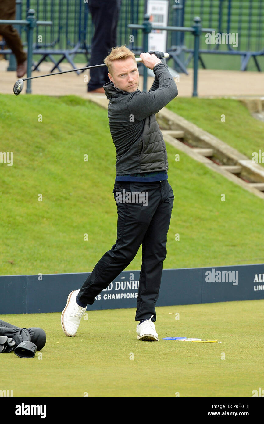 St Andrews, Scotland, United Kingdom, 03, October, 2018. Former Boyzone star Ronan Keating gets a practice round under way on the Old Course, St Andrews, ahead of the Dunhill Links Championship, in which celebrity amateurs are paired with professional golfers in a team event. © Ken Jack / Alamy Live News Stock Photo