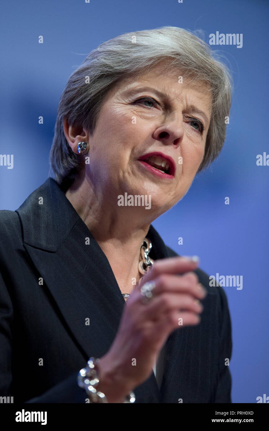 Birmingham, UK. 3rd October 2018. Theresa May, Prime Minister, First Lord of the Treasury, Minister for the Civil Service and Conservative MP for Maidenhead, speaks at the Conservative Party Conference in Birmingham. © Russell Hart/Alamy Live News. Stock Photo