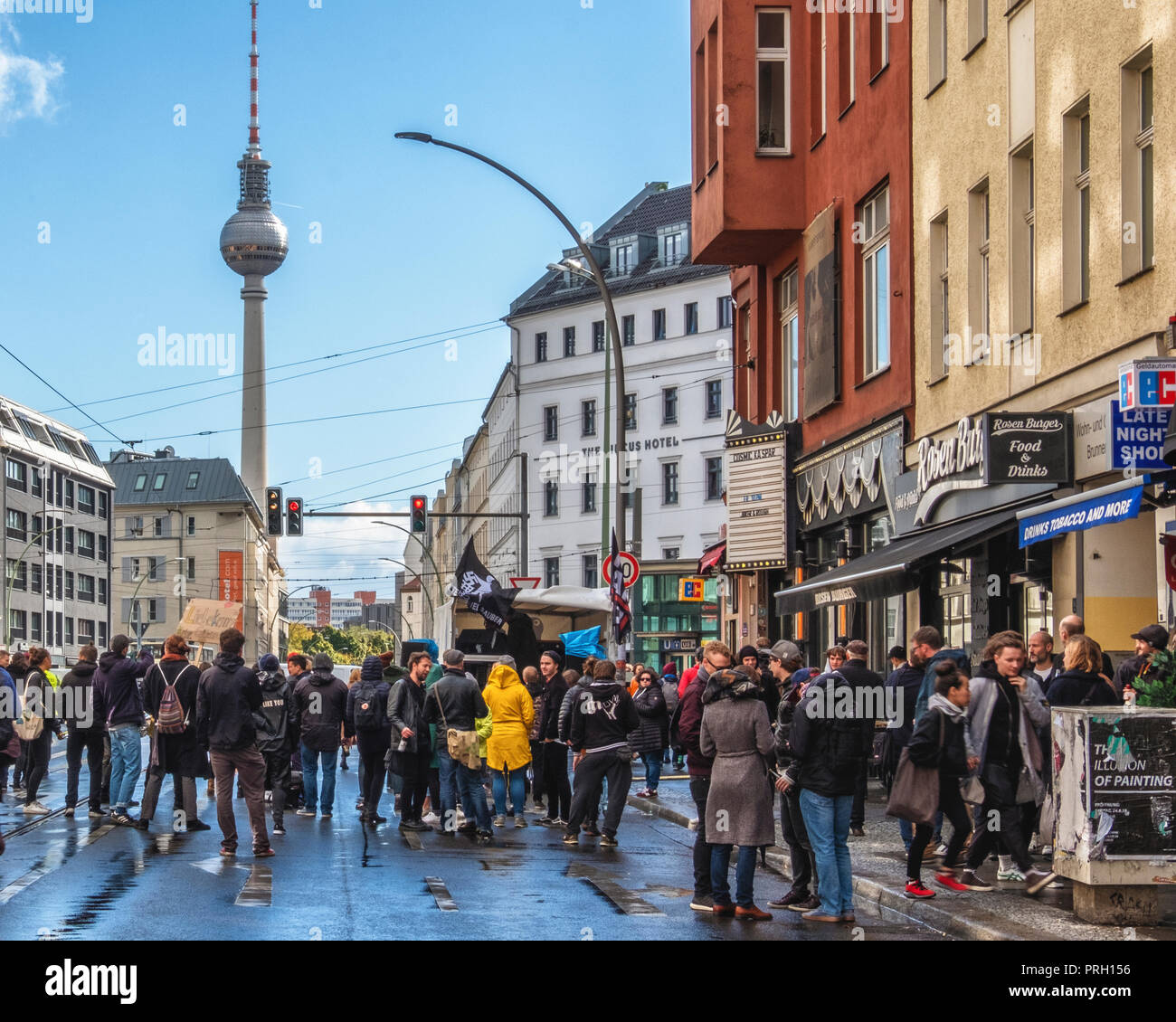 Berlin, Mitte, Germany 3 October 2018. Club scene activists protest against a planned right-wing extremist demonstration on the German Day of Unity. The protesters gathered at Rosenthaler Platz to stage a stationery rave under the slogan ‘Dance against the Right’ (Tanzen gegen Rechts) The protest was planned to counter the  planned right-wing extremist organization ‘Wir für Deutschland (WFD)’ march from Hauptbahnhof through the centre of Berlin using the slogan ‘Day of the Nation’ Credit: Eden Breitz/Alamy Live News Stock Photo