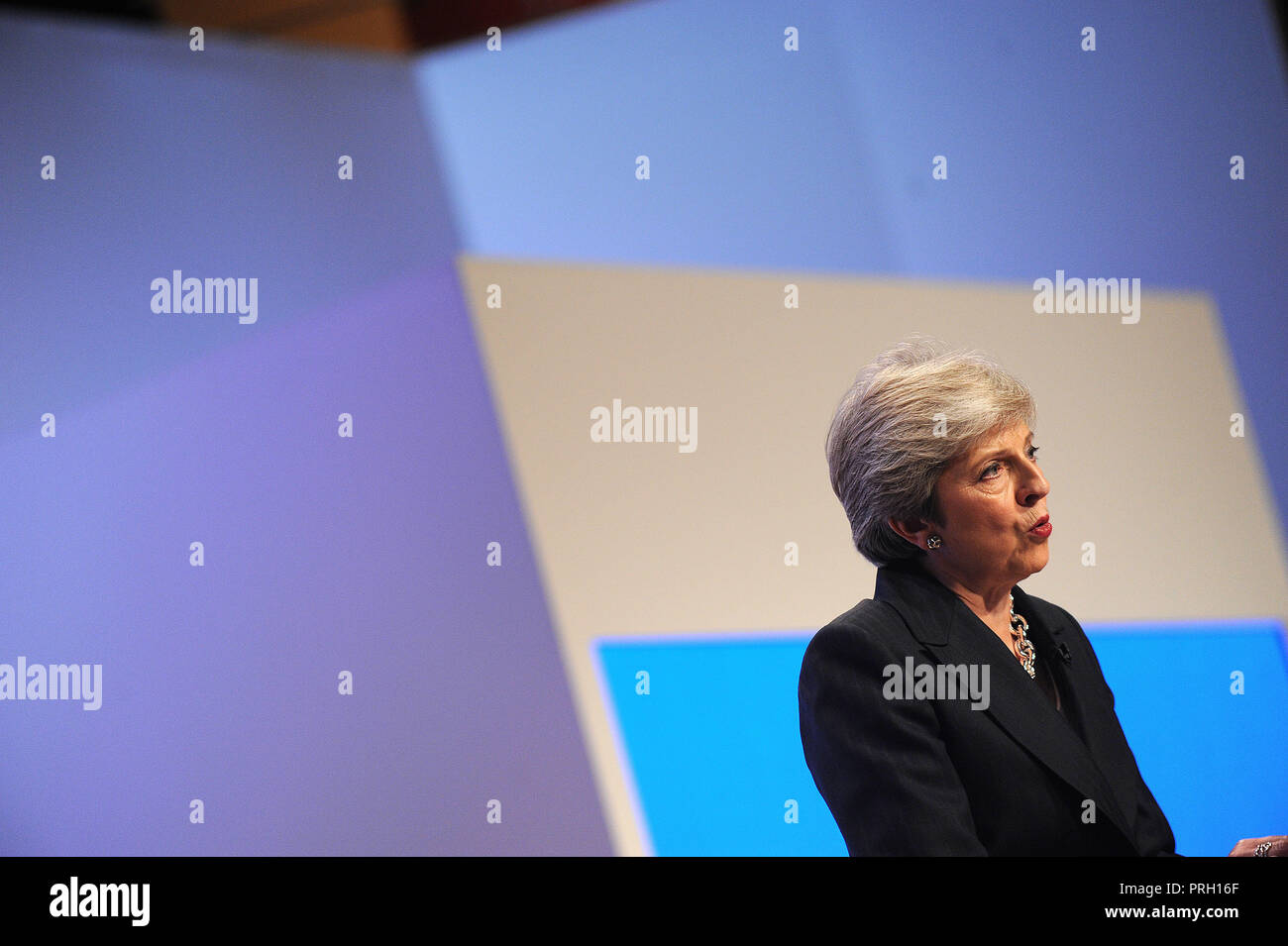 Birmingham, England. 3rd October, 2018.  Theresa May MP, Prime Minister and Leader of the Conservative Party, delivers her keynote speech to conference on the closing session of the fourth day of the Conservative Party annual conference at the ICC.  Kevin Hayes/Alamy Live News Credit: Kevin Hayes/Alamy Live News Stock Photo