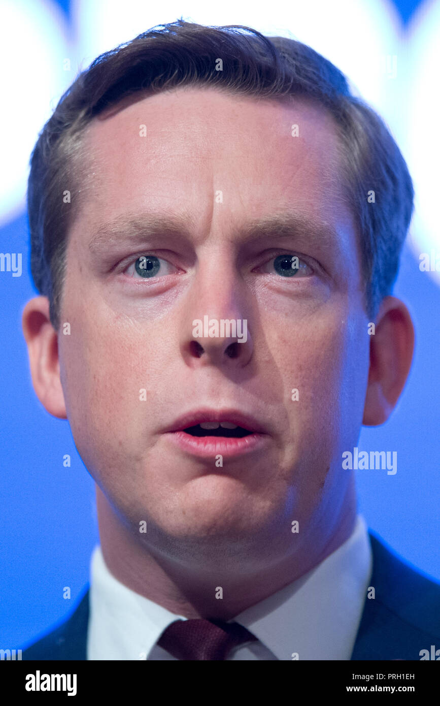 Birmingham, UK. 3rd October 2018. Tom Pursglove, Vice Chairman of the Conservative Party, speaks at the Conservative Party Conference in Birmingham. © Russell Hart/Alamy Live News. Stock Photo