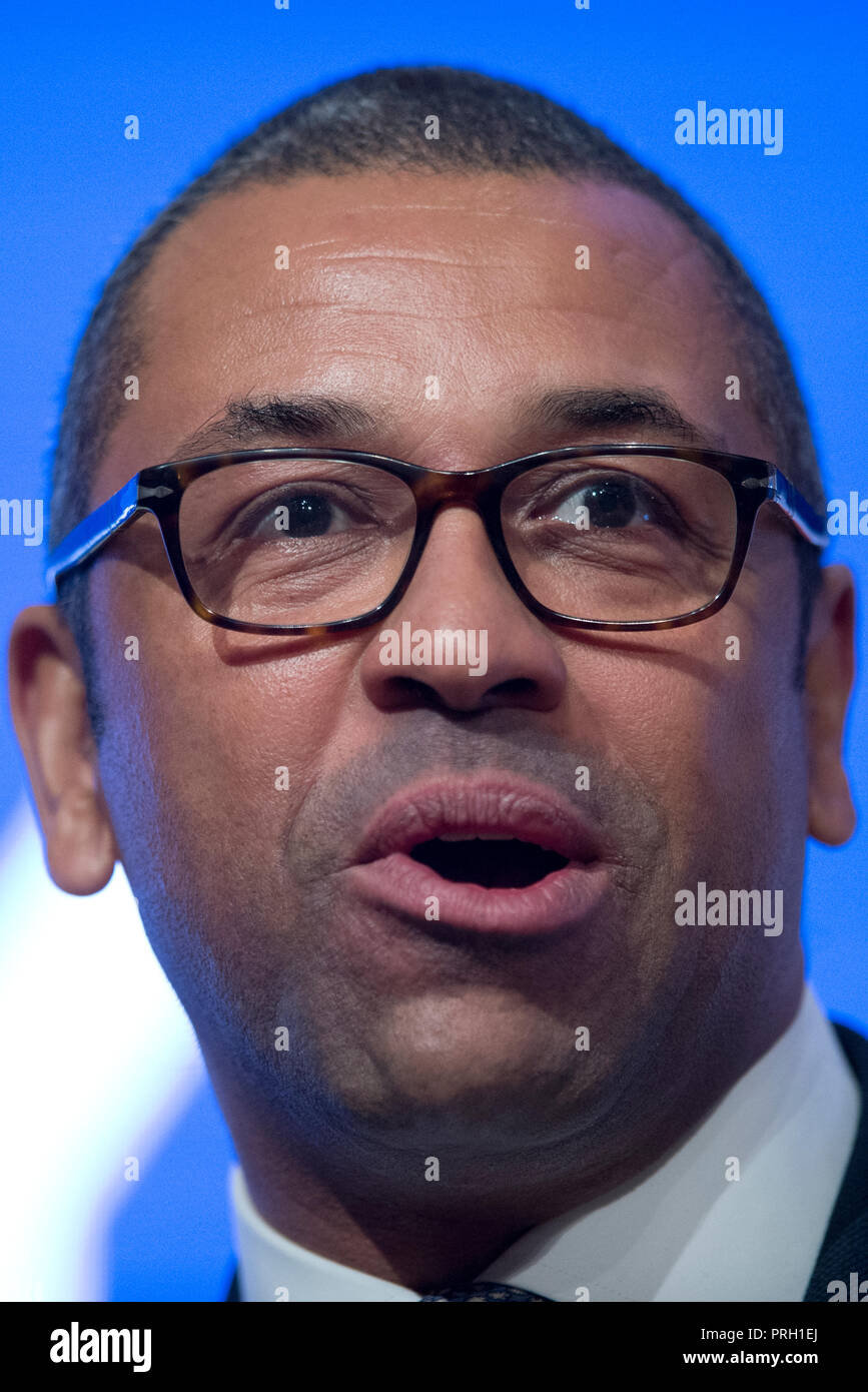 Birmingham, UK. 3rd October 2018. James Cleverly MP, Deputy Chairman of the Conservative Party, speaks at the Conservative Party Conference in Birmingham. © Russell Hart/Alamy Live News. Stock Photo