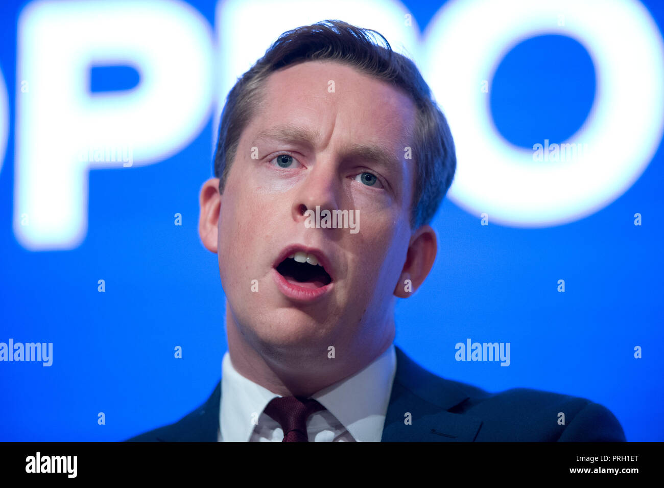 Birmingham, UK. 3rd October 2018. Tom Pursglove, Vice Chairman of the Conservative Party, speaks at the Conservative Party Conference in Birmingham. © Russell Hart/Alamy Live News. Stock Photo