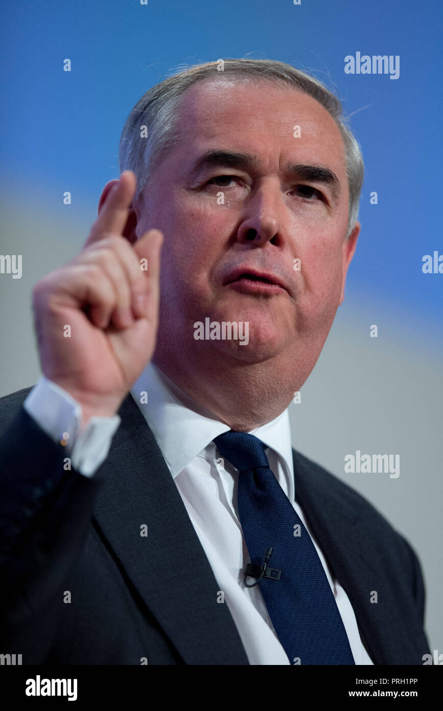 Birmingham, UK. 3rd October 2018. Geoffrey Cox MP, The Attorney General, speaks at the Conservative Party Conference in Birmingham. © Russell Hart/Alamy Live News. Stock Photo