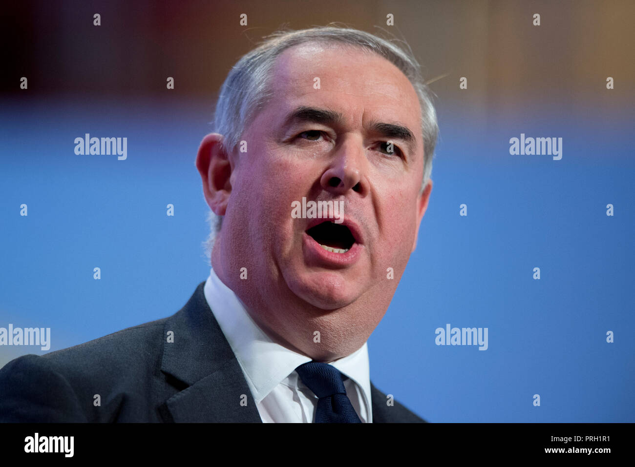Birmingham, UK. 3rd October 2018. Geoffrey Cox MP, The Attorney General, speaks at the Conservative Party Conference in Birmingham. © Russell Hart/Alamy Live News. Stock Photo
