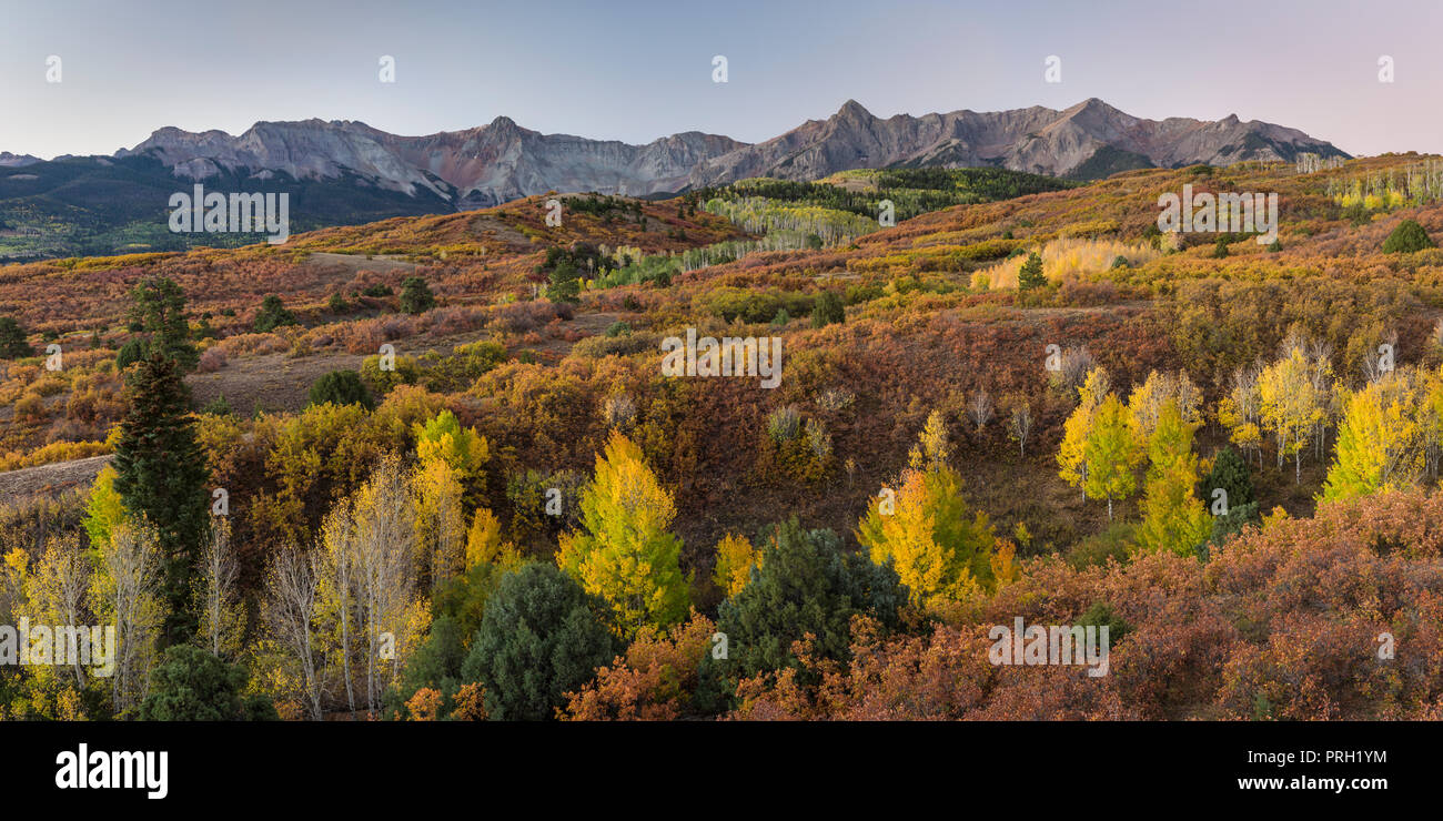 The coloful Autumn tableau seen from the Dallas Divide before sunrise on a crisp morning in the San Juan Mountains of Colorado. Stock Photo