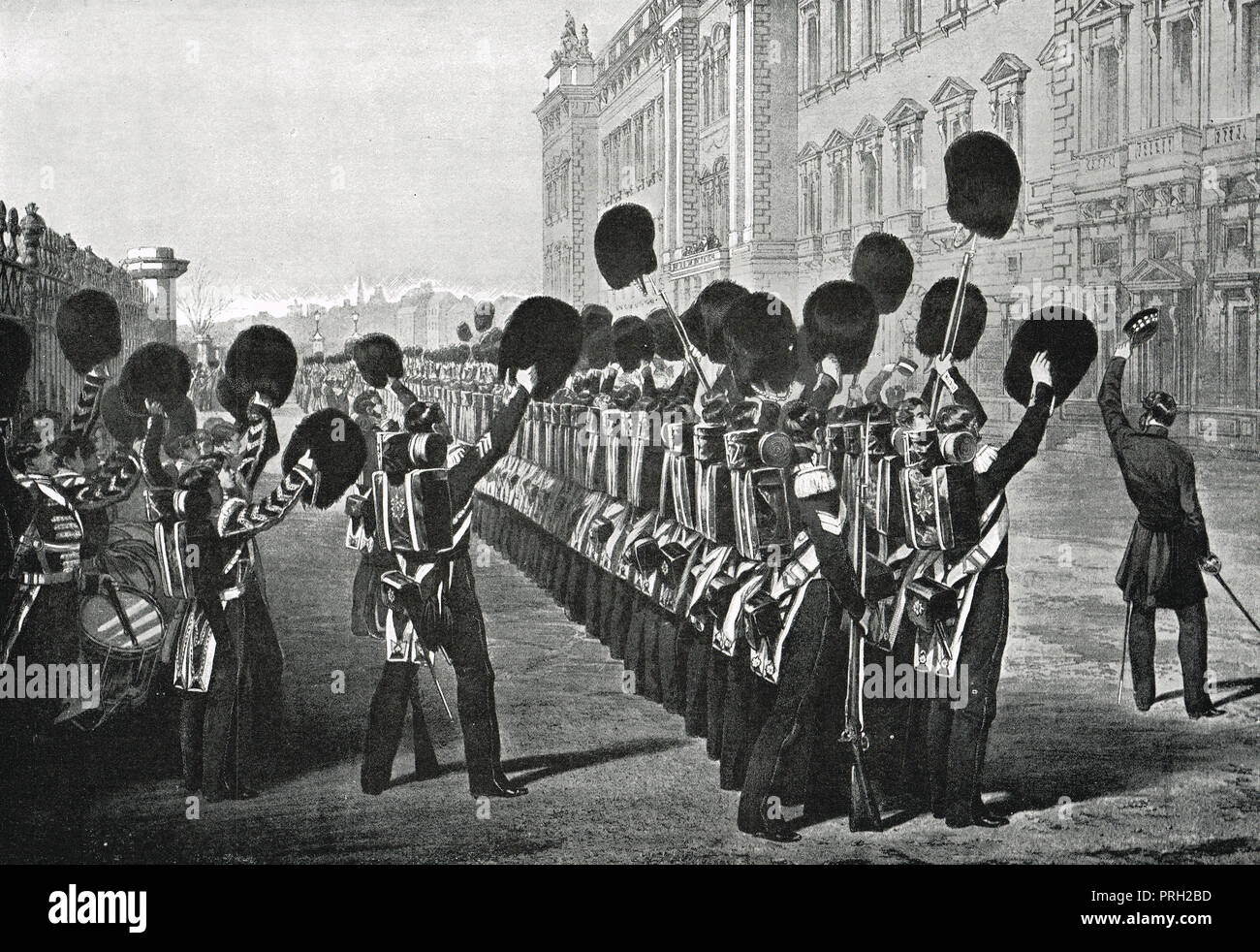 Scots Fusilier Guards cheering Queen Victoria and waving their bearskin caps in the air, Buckingham Palace, London, England, 1854, before departing for the Crimean War Stock Photo