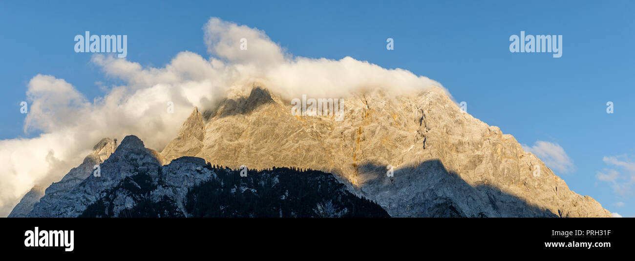 Panoramic view of the Zugspitze Mountain in evening light, Ehrwald, Austria Stock Photo