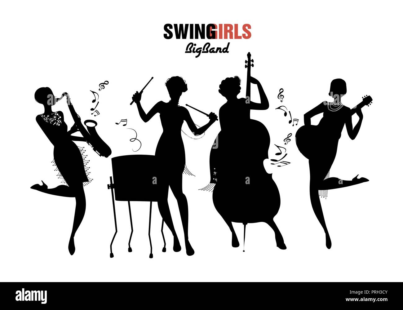 Women Orchestra. Four girl playing jazz, swing or charleston. Vector Illustration isolated. White background Stock Vector