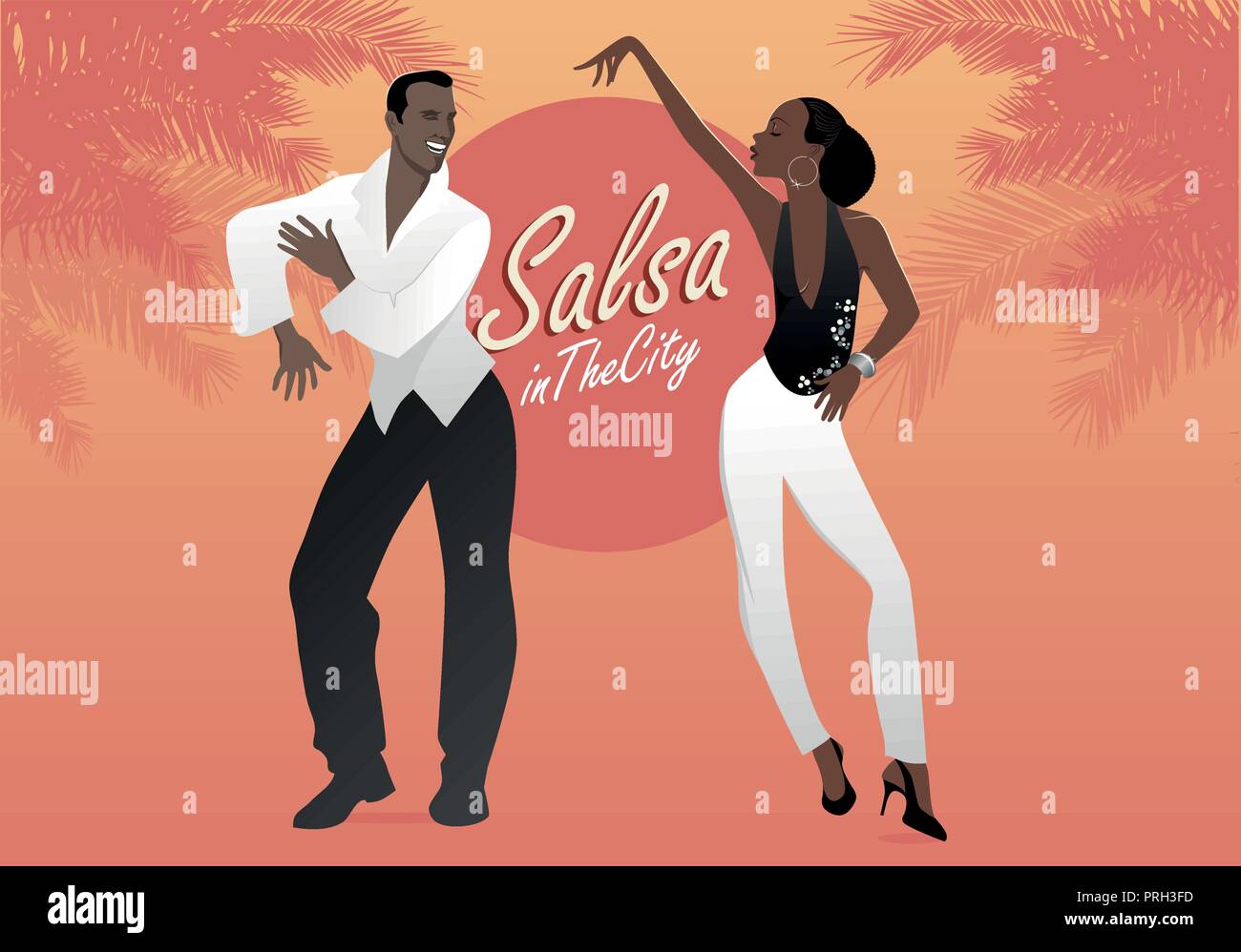 Young afro american couple dancing salsa. Vector illustration. Stock Vector