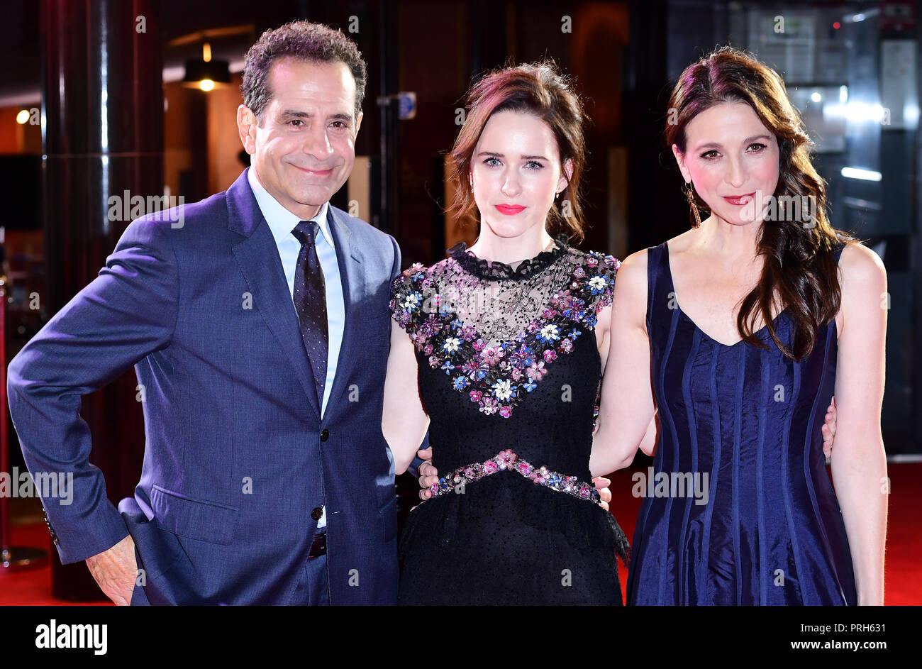 Tony Shalhoub (left-right) Rachel Brosnahan and Marin Hinkle attending the world premiere of The Romanoffs at The Curzon Mayfair in London. Stock Photo