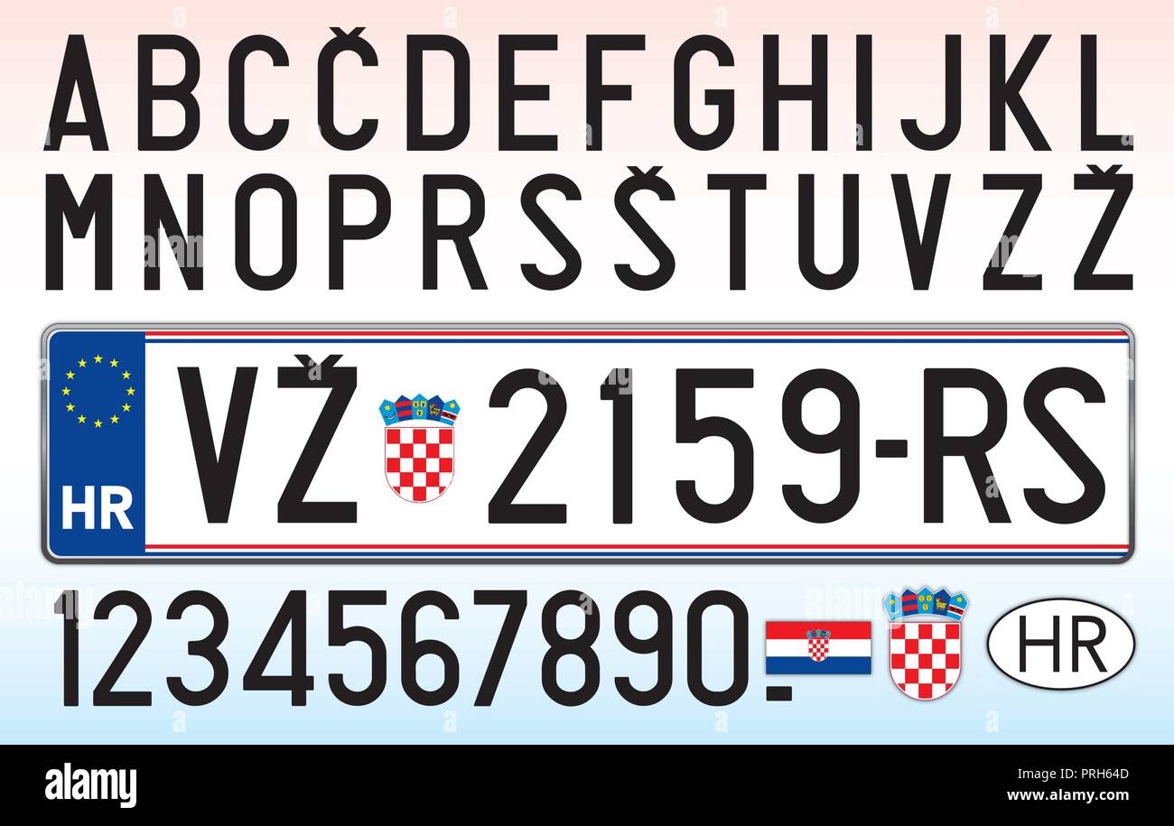 Croatia car license plate, letters, numbers and symbols Stock Vector