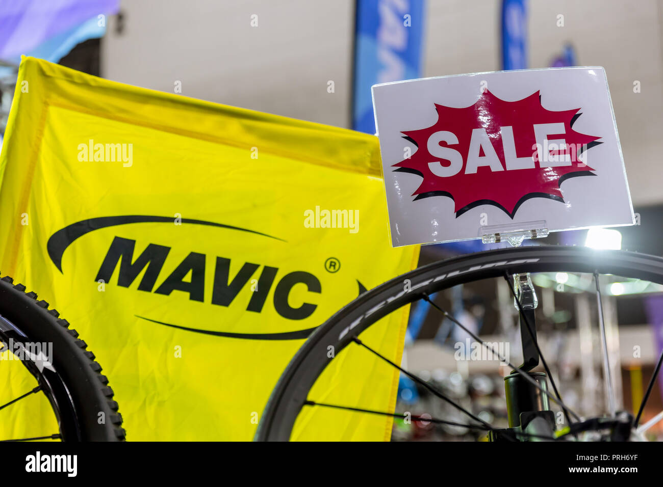 Mavic French bicycle parts manufacturer booth with bike rim promotion sale  in International Bangkok Bike 2018. Largest Bicycle or Bike Expo fair in Ba  Stock Photo - Alamy