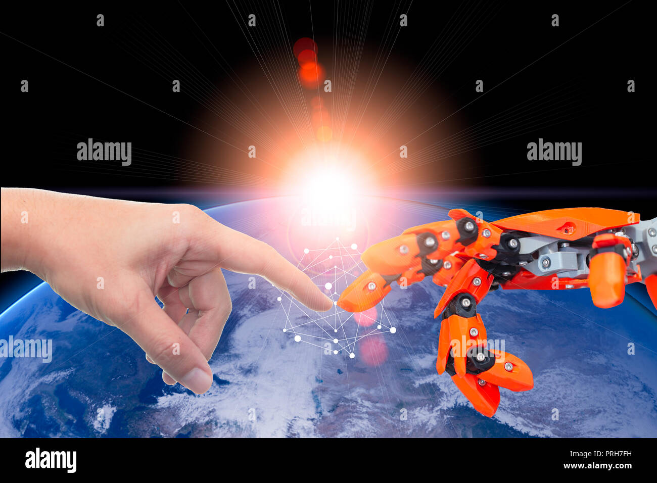 Human and robotic automate technology era connected for future world concept.Elements of this image furnished by NASA Stock Photo