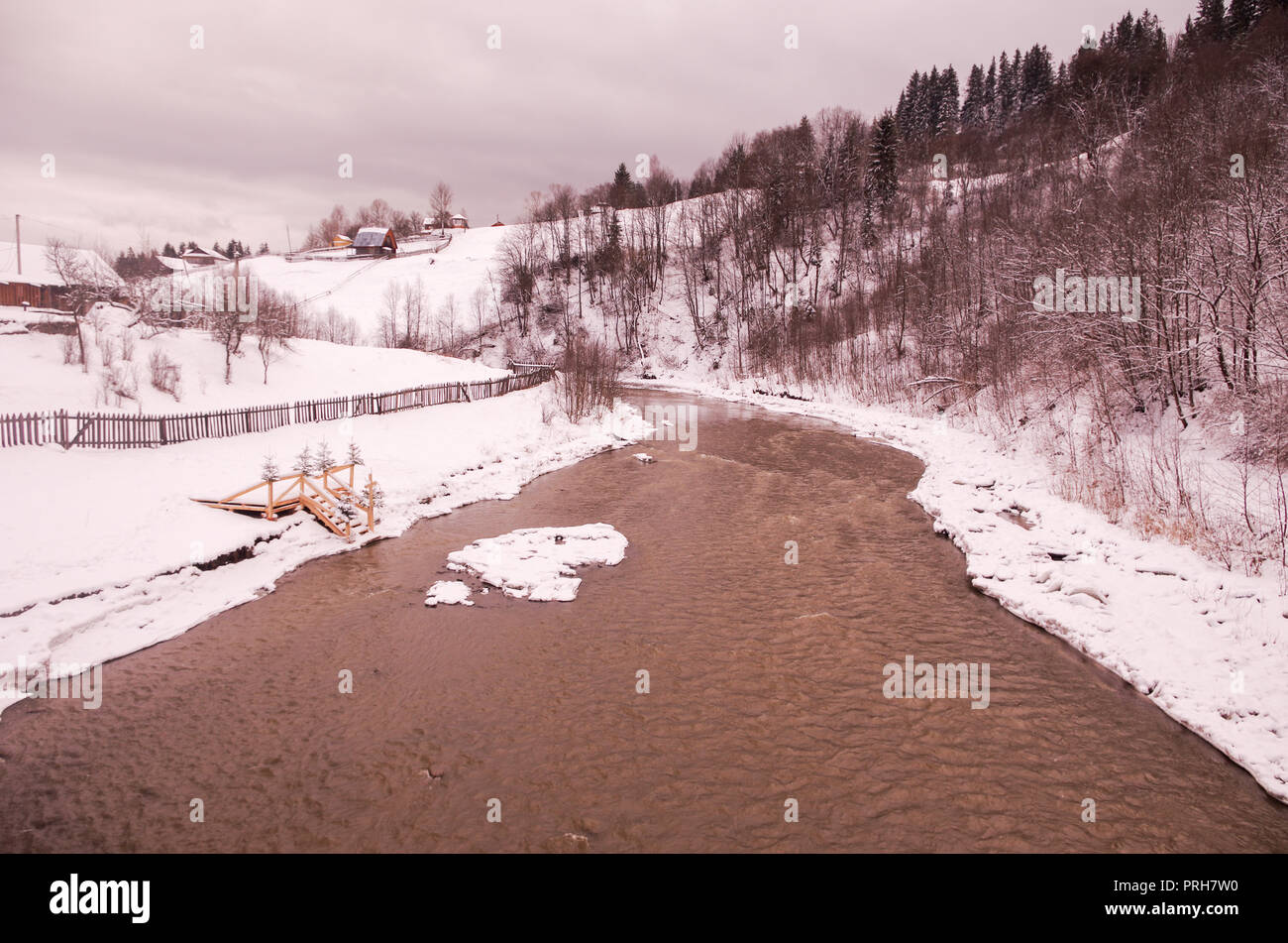 Prut River in the Carpathians. Winter view of the river. Prut River in winter. Landscape Stock Photo
