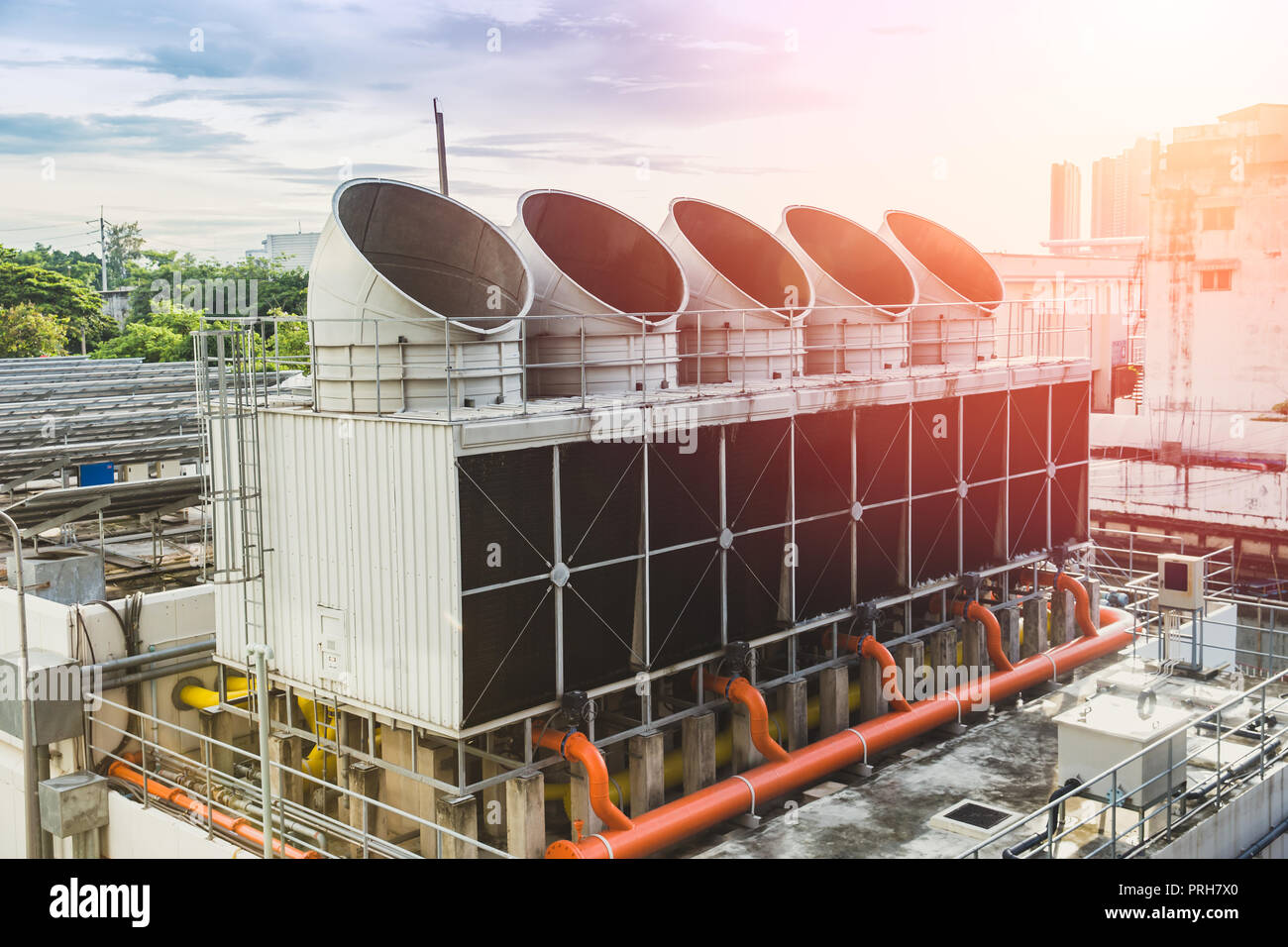 Water cooling tower air chiller HVAC of large industrial building air conditioner. Stock Photo