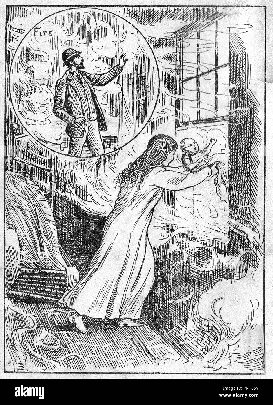 1800's depiction of Alice Ayres ( 1859 –   1885), an English nursemaid honoured for her bravery in rescuing the children in her care from a house fire whilst  nursemaid to the children  of her brother-in-law and sister, Henry and Mary Ann Chandler who owned an oil and paint shop in Union Street, Southwark, (London) -she died of sustained injuries Stock Photo