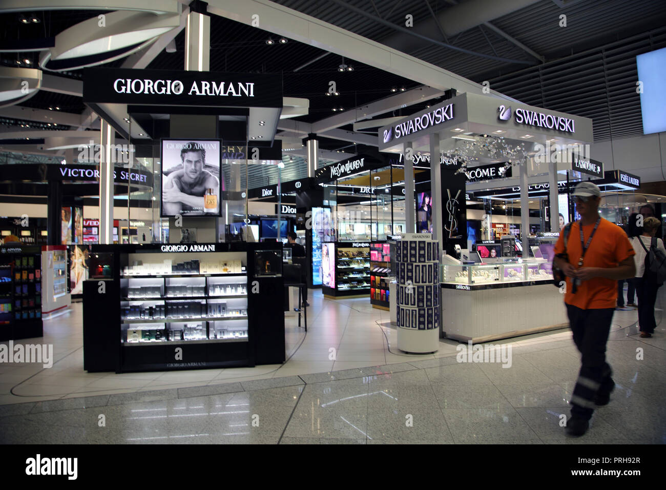 Athens Greece Athens Airport Duty Free Fragrance Counters and Swarovski Jewellery Stock Photo