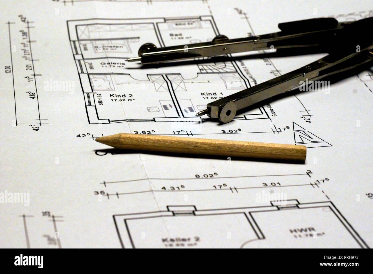 circle pencil and architects plan Stock Photo