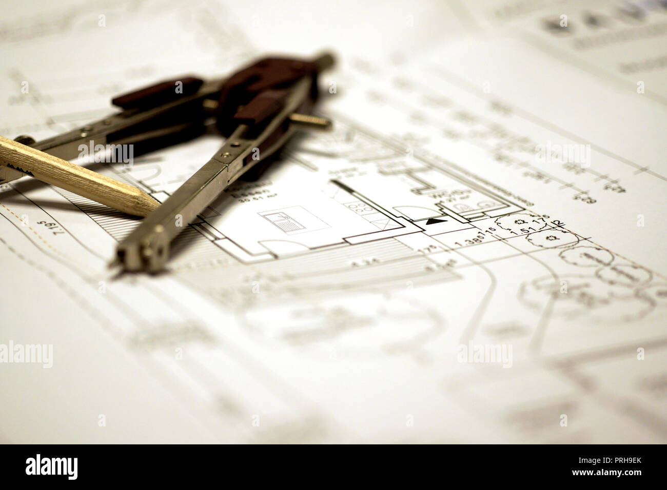 circle pencil and architects plan Stock Photo