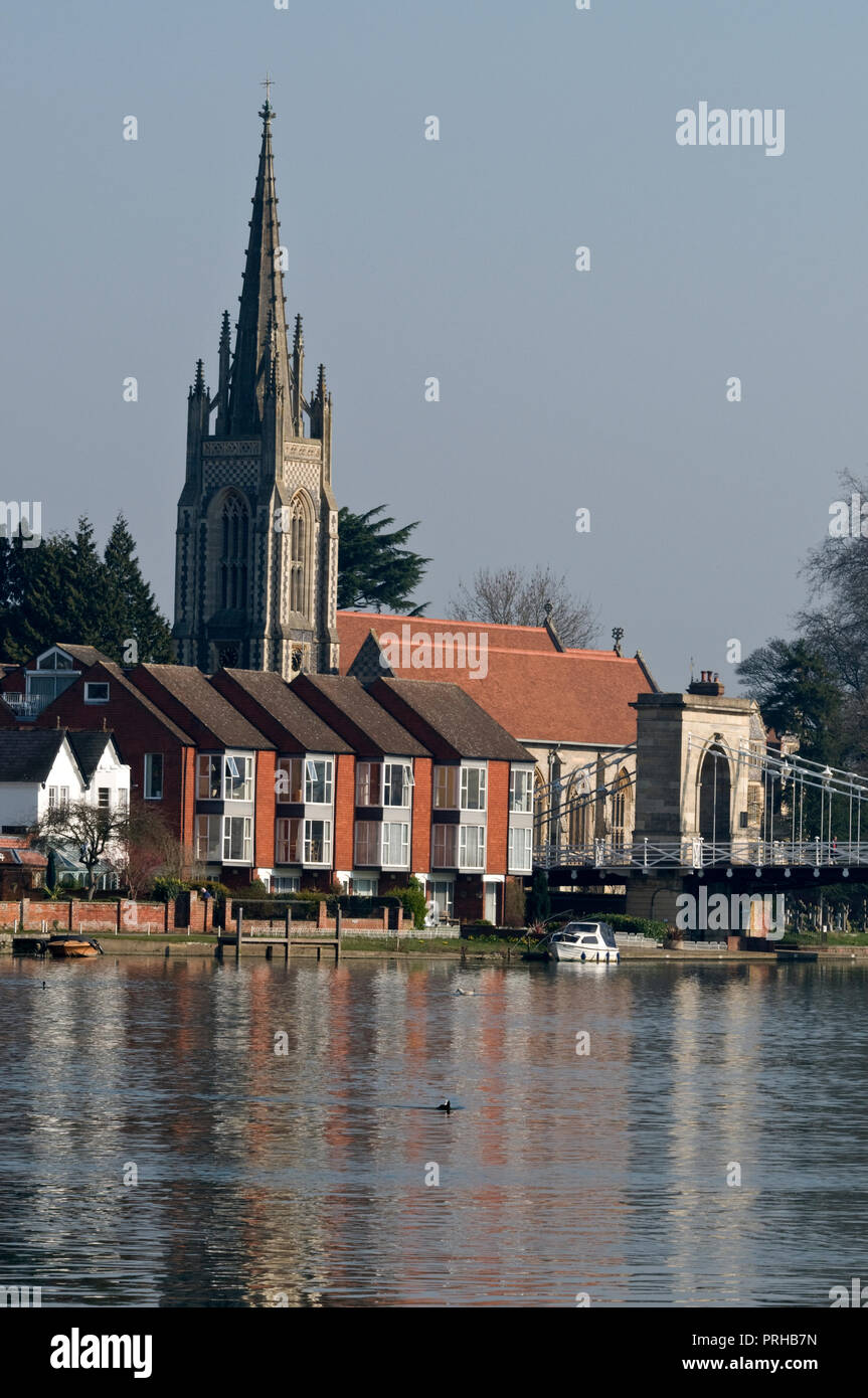 Marlow on the river Thames with All Saints Church and the suspension