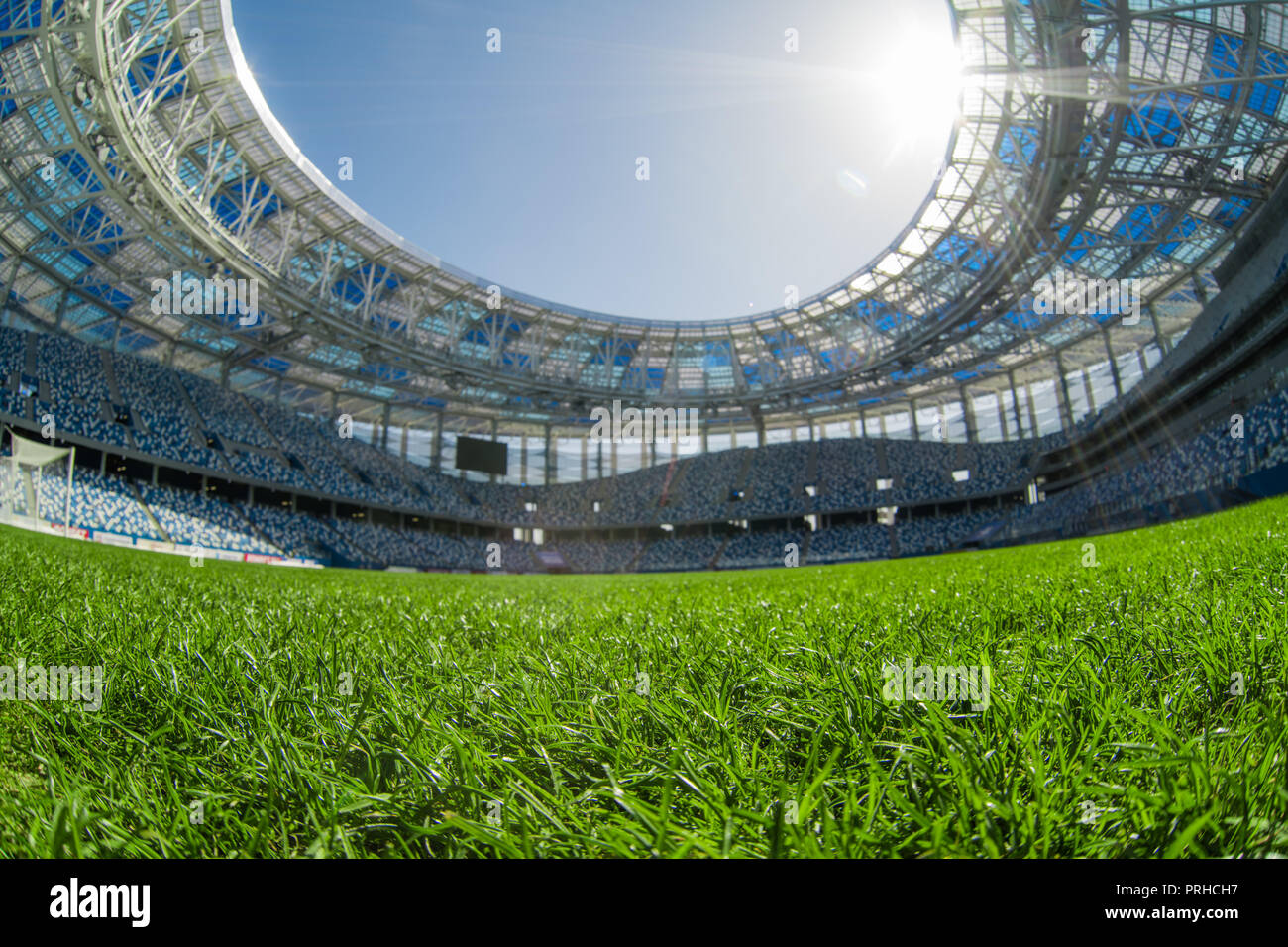 Close up of a turf football field. Green grass Stock Photo