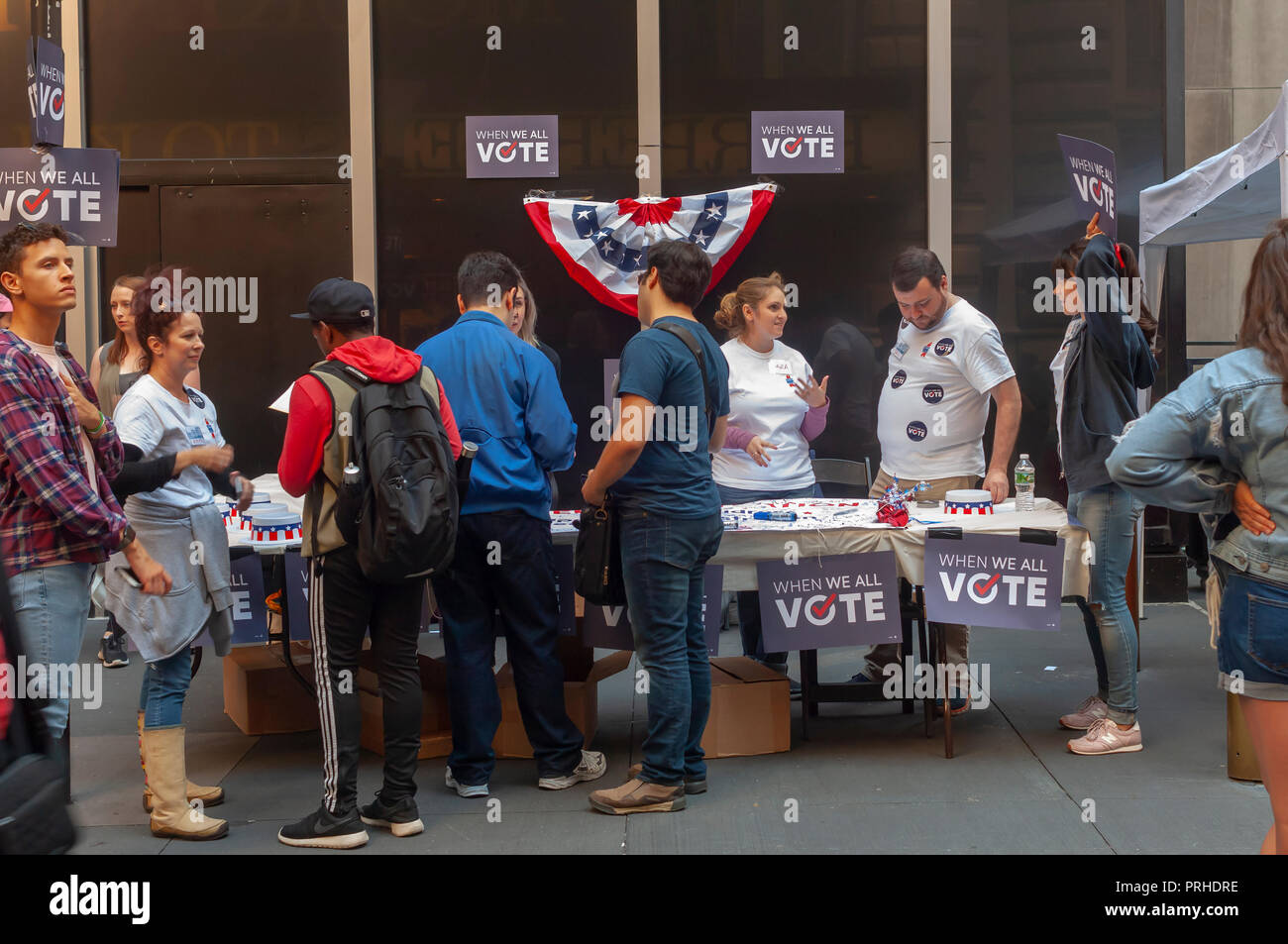Voter promotion table at the 32nd Annual Broadway Flea Market & Grand Auction in New York in New York on Sunday, September 30, 2018. Over 50 tables from Broadway shows and theater related institutions and businesses occupy the streets around Shubert Alley offering their Broadway related wares and autographs. The fair is a fundraiser for the Broadway Cares/Equity Fights Aids charity.  (Â© Richard B. Levine) Stock Photo