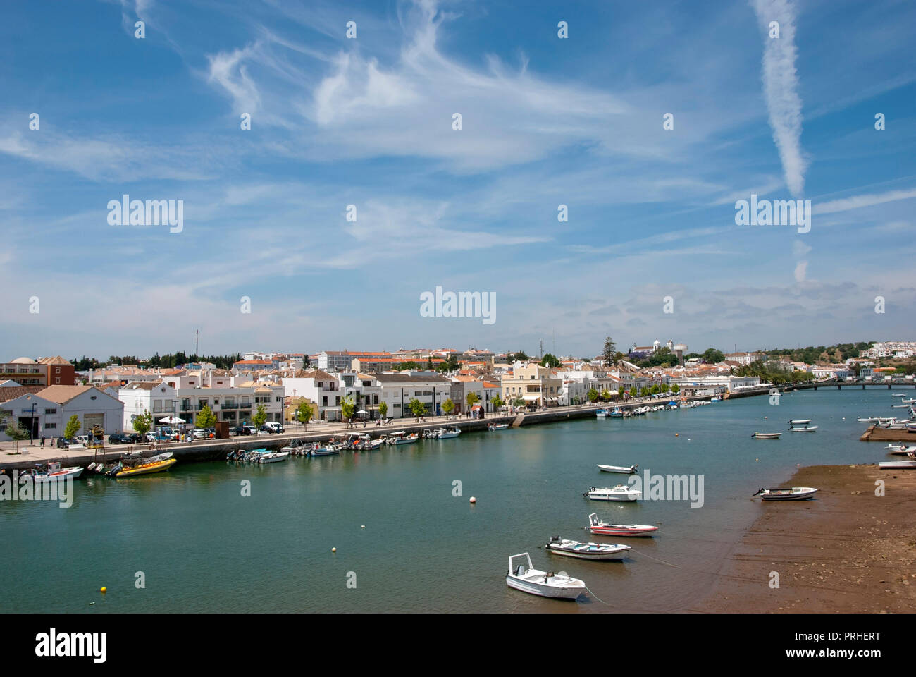 Tavira Cityscape with River Gilao and Armed Forces Bridge Tavira The Algarve Portugal view of south bank of rio gilao river in the centre of city of t Stock Photo