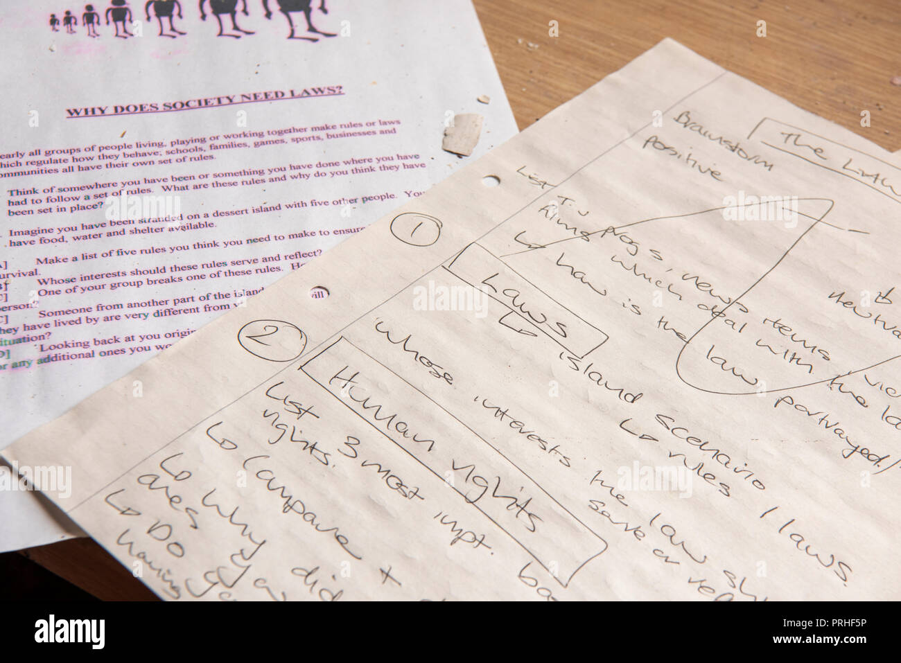 Teaching notes for a lesson on law and order, human rights and morality inside the classroom of a juvenile detention centre. Stock Photo