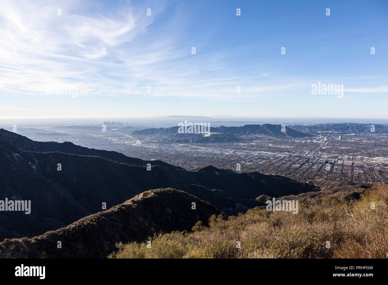 Morning Verdugo mountain view of Burbank, Griffith Park and Los Angeles in Southern California. Stock Photo