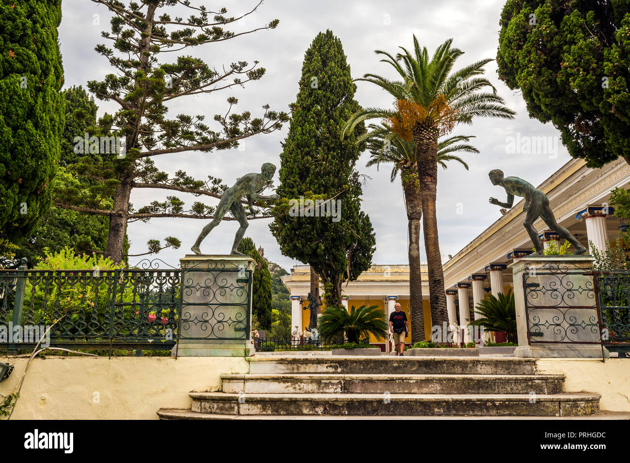 Achilleion palace, Corfu, Greece - August 24, 2018: Two bronze runners on Achilleion palace of princess Sissy in Corfu, Greece Stock Photo