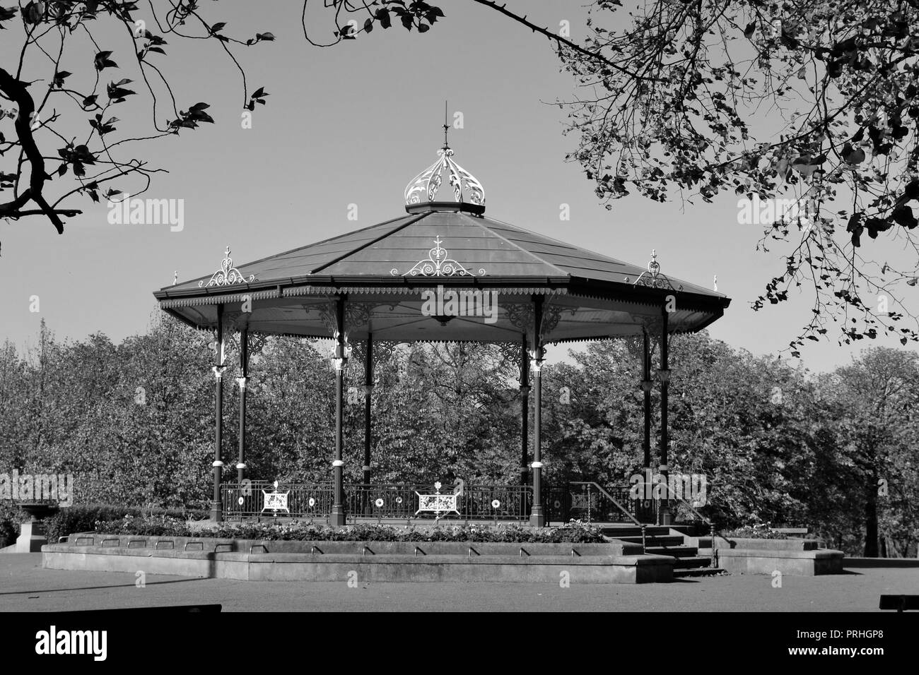 Black and White moody images of the traditional Bandstand at Ropner Park, Stockton-on-Tees on a sunny Autumn afternoon. Stock Photo